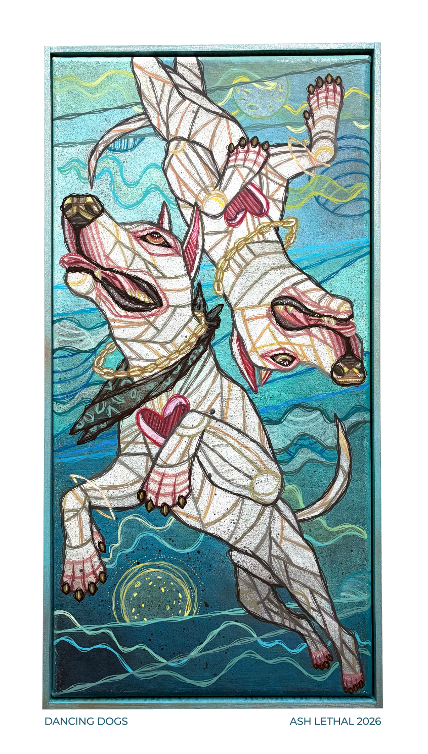 Artistic depiction of two dogs wearing chains and hearts in a stylized, stained-glass-like geometric design with abstract blue sky and space planet elements 