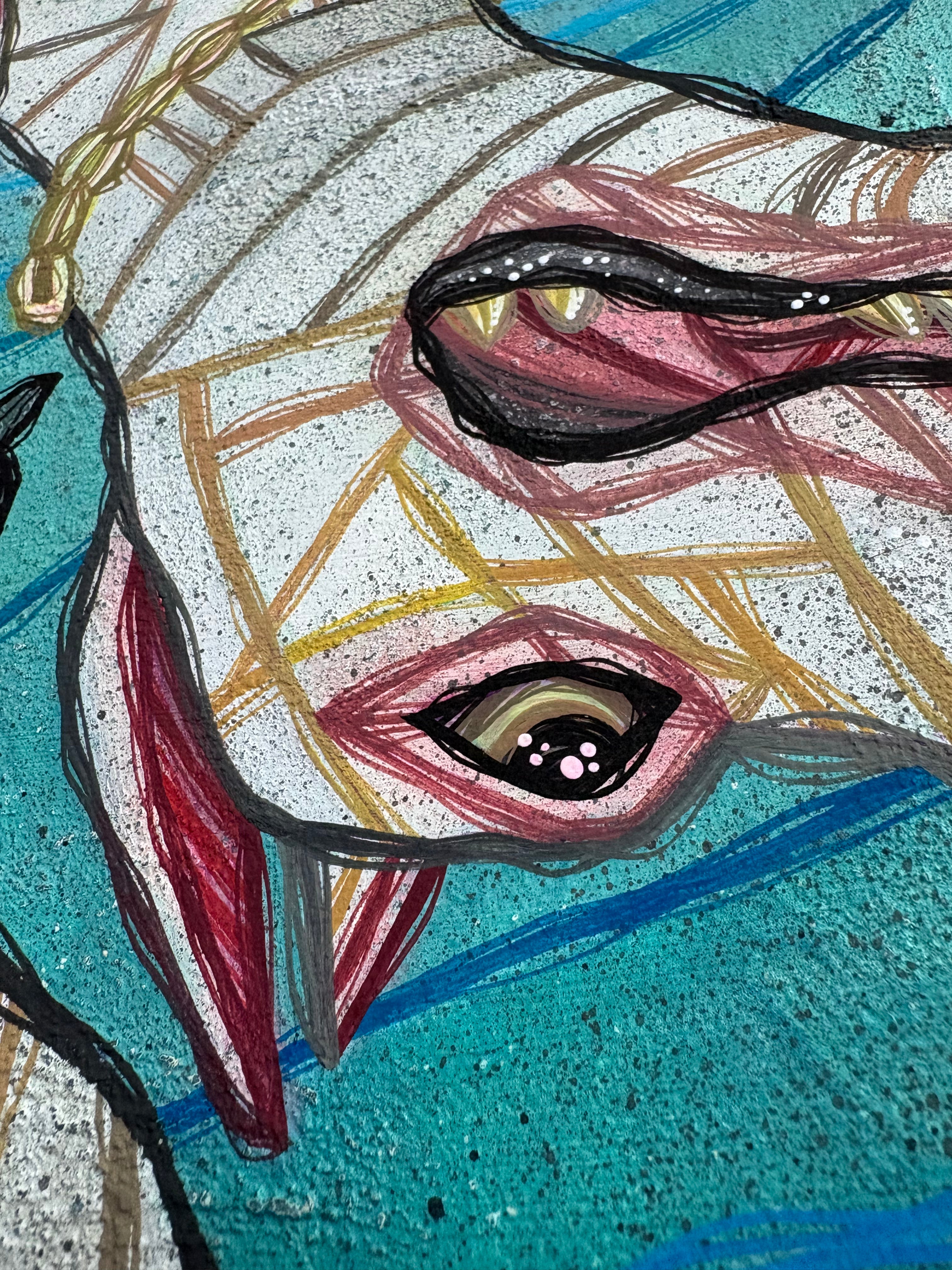 Abstract artwork with a stylized dog eye and colorful patterns on a textured surface.