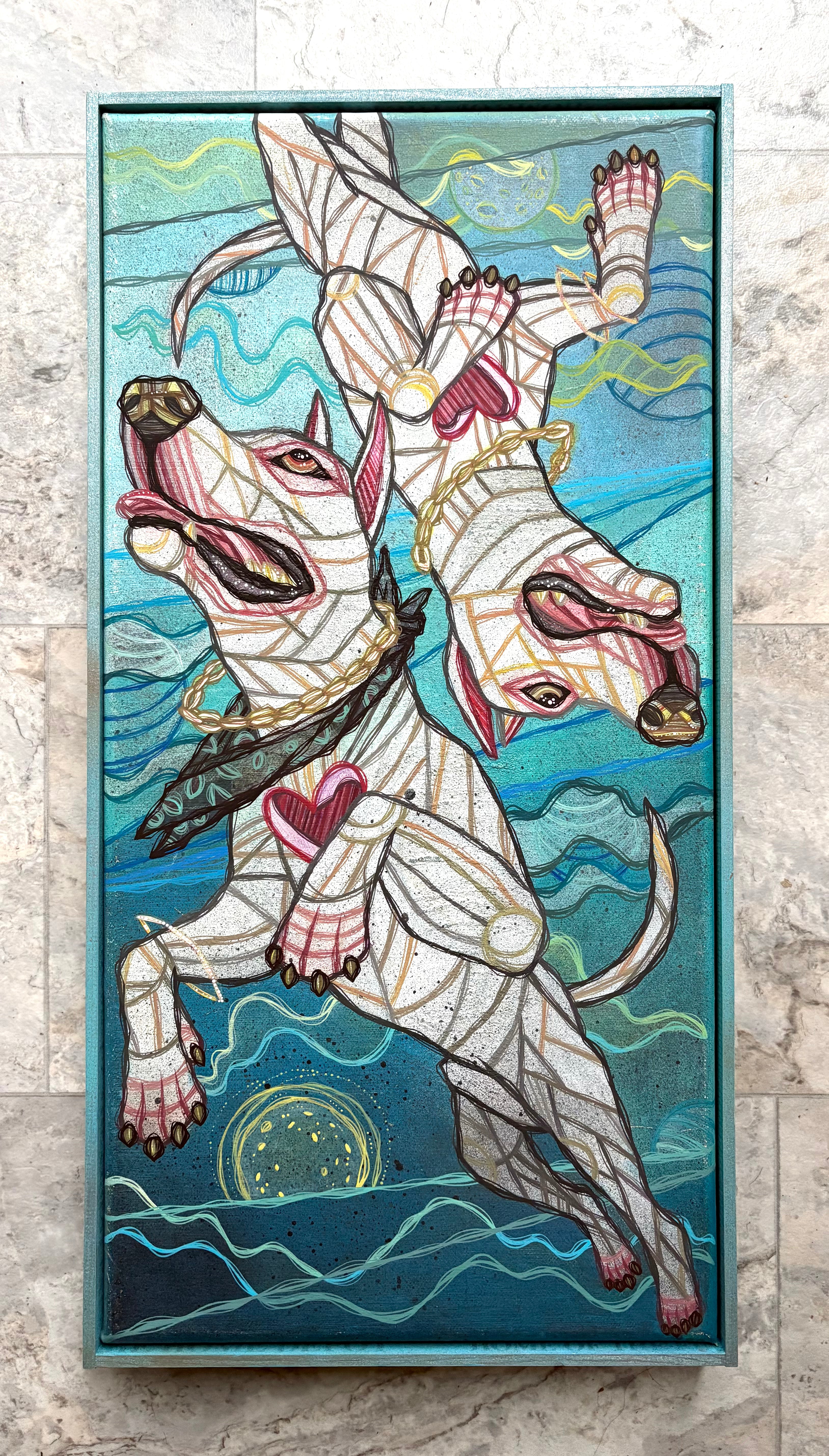 Colorful artwork of two stylized dogs with a heart on a textured wall background
