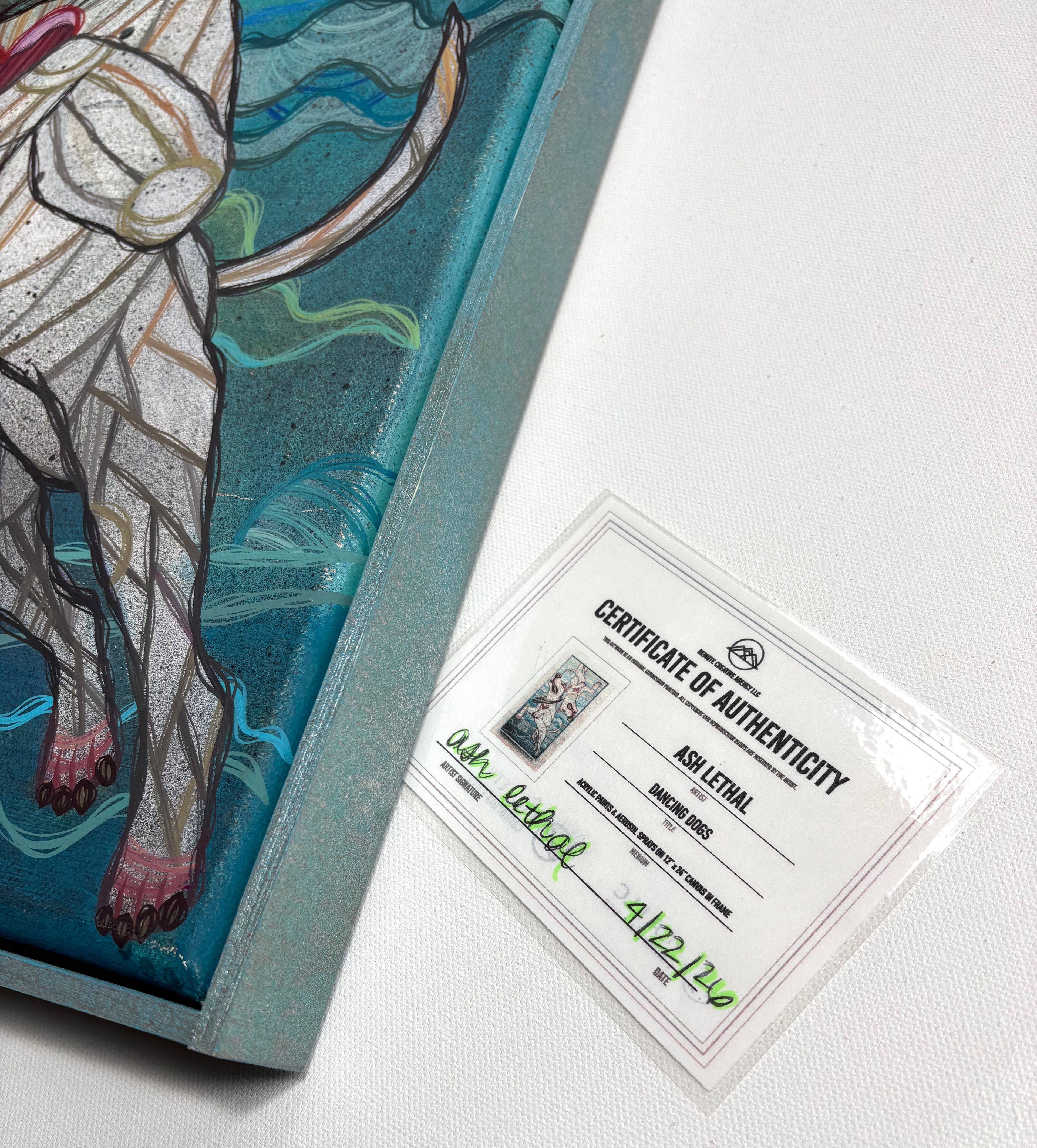 Artistic depiction of a white dog with a certificate of authenticity on a white background