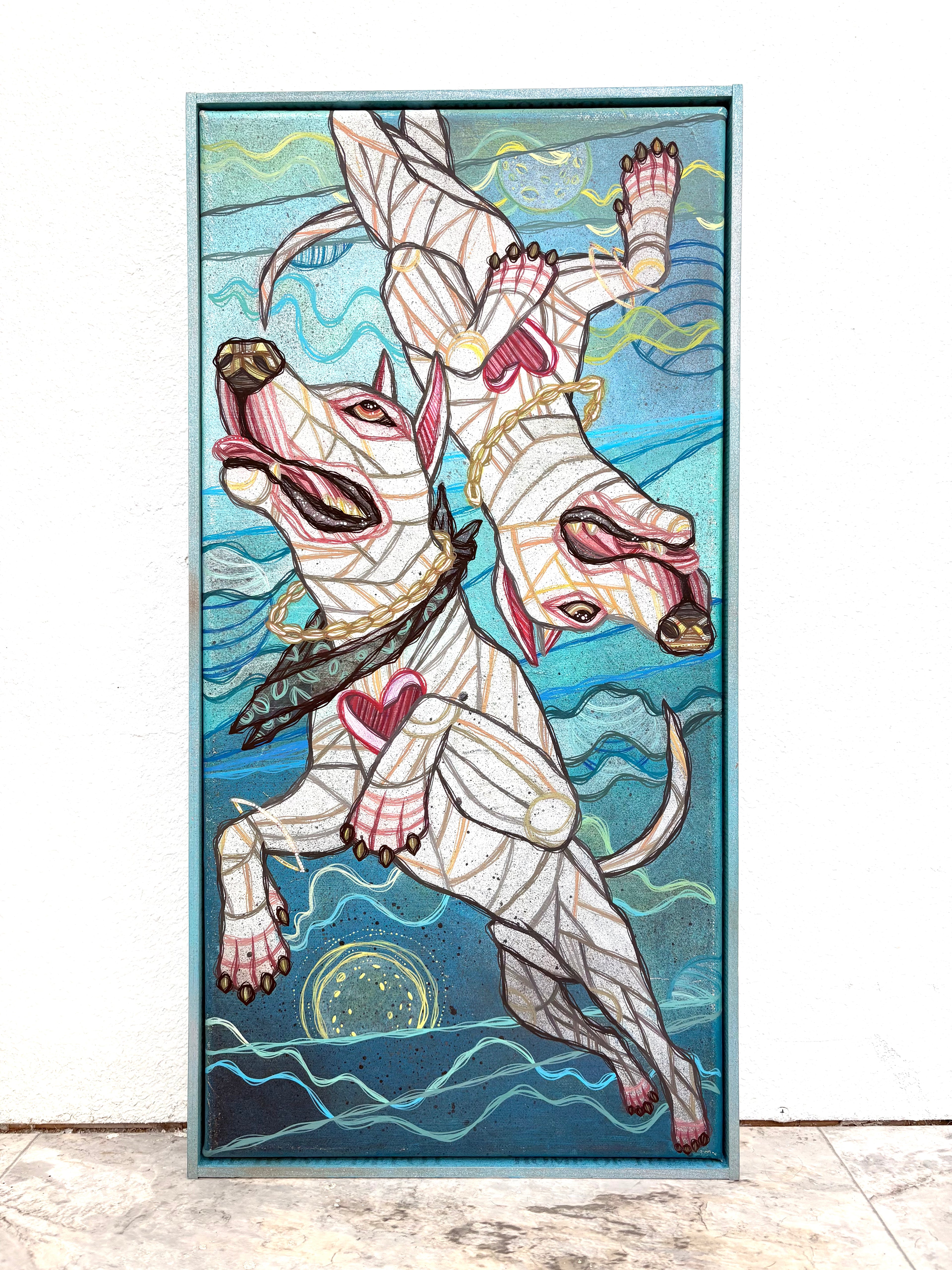 Stylized illustration of two dogs in costume against a blue sky with clouds.