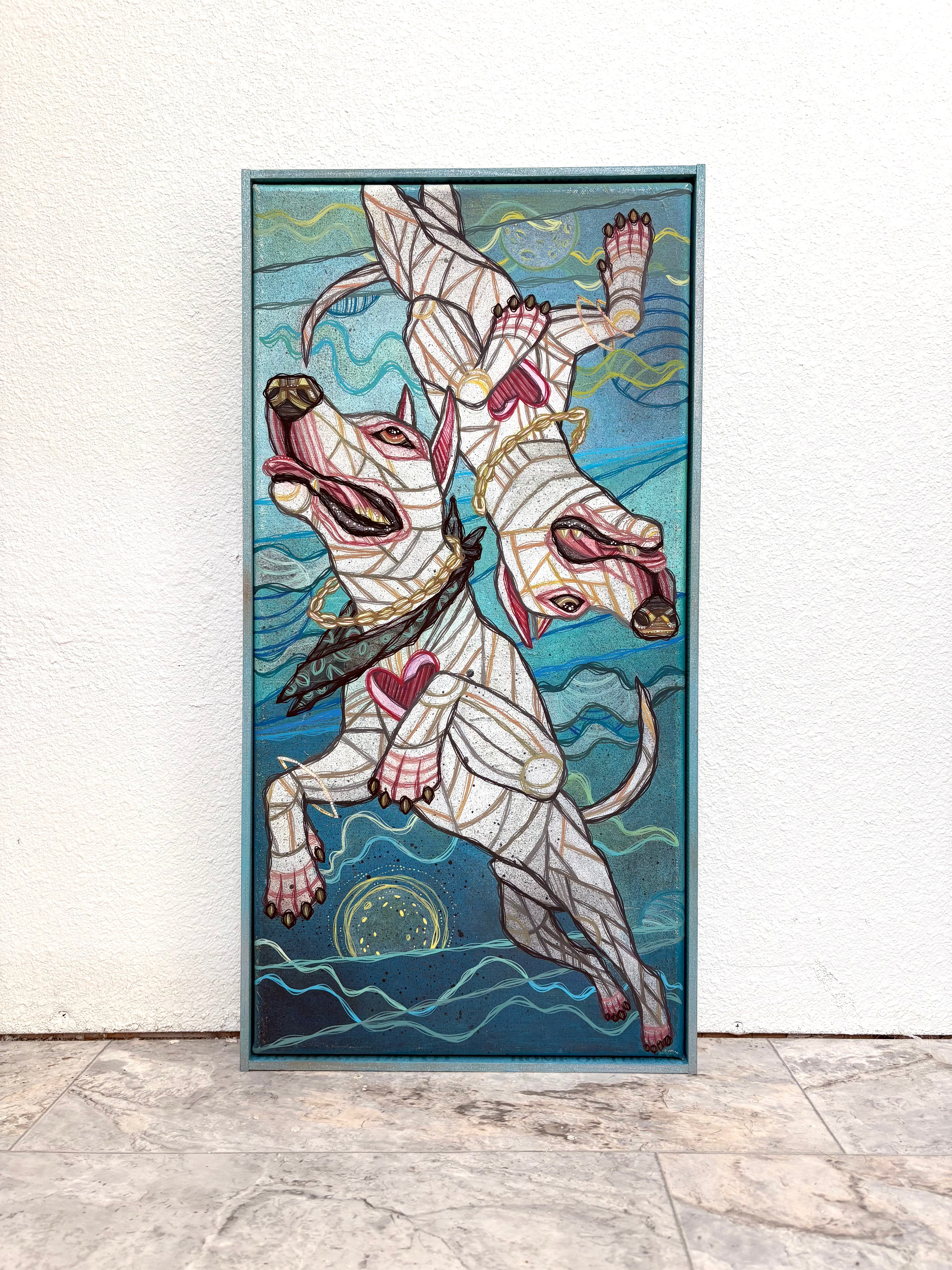 Decorative artist painting with a stylized dog design on a gallery wall by ash lethal