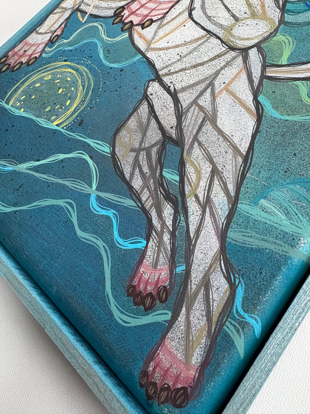 Artistic depiction detailed photo of dogs feet on a blue background