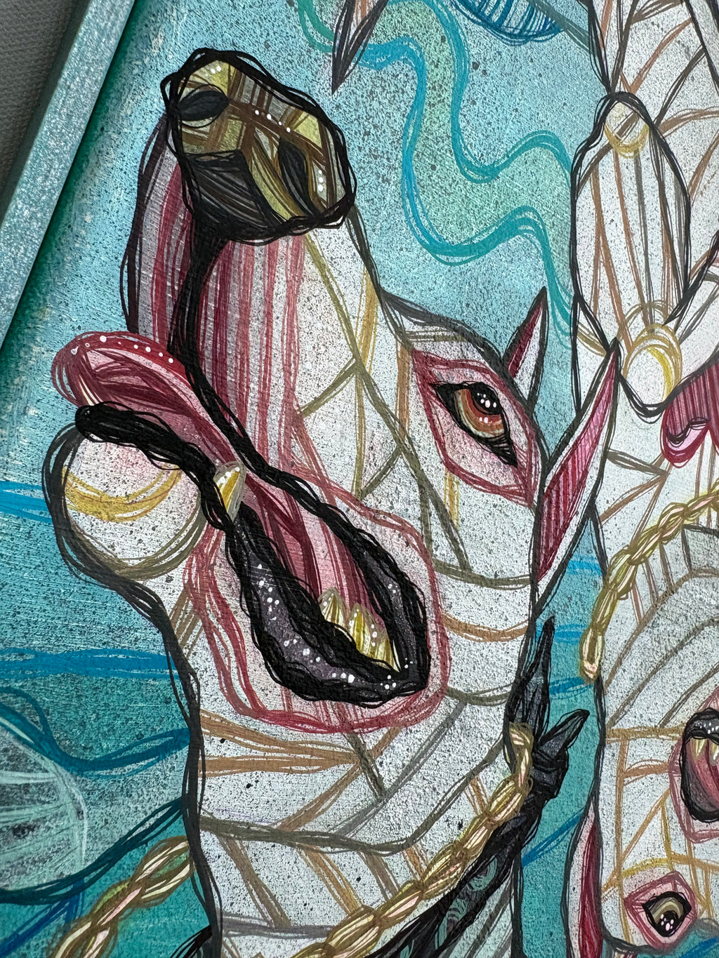 Artistic depiction of a dog's head with colorful patterns and textures.
