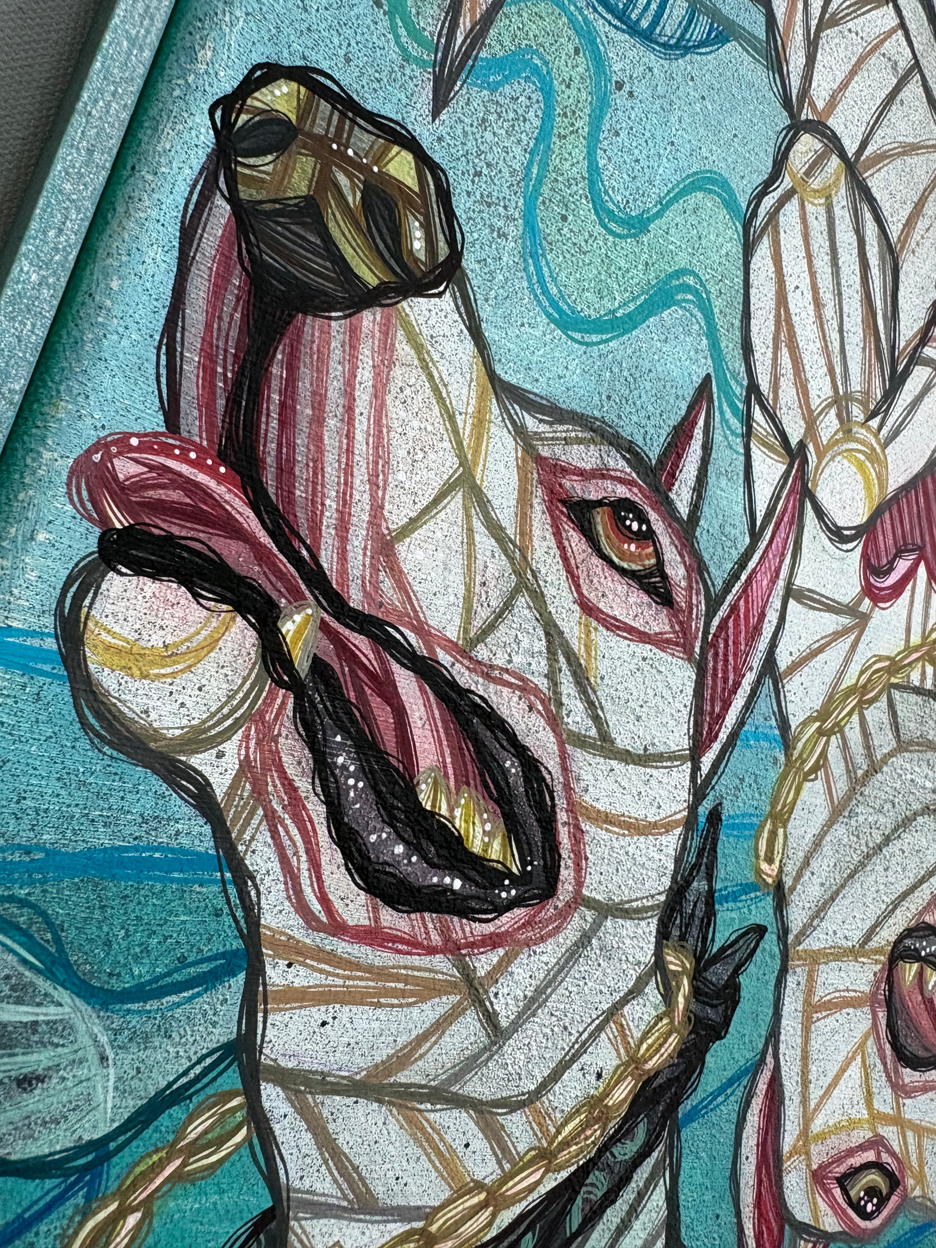 Artistic depiction of a dog's head with colorful patterns and textures.