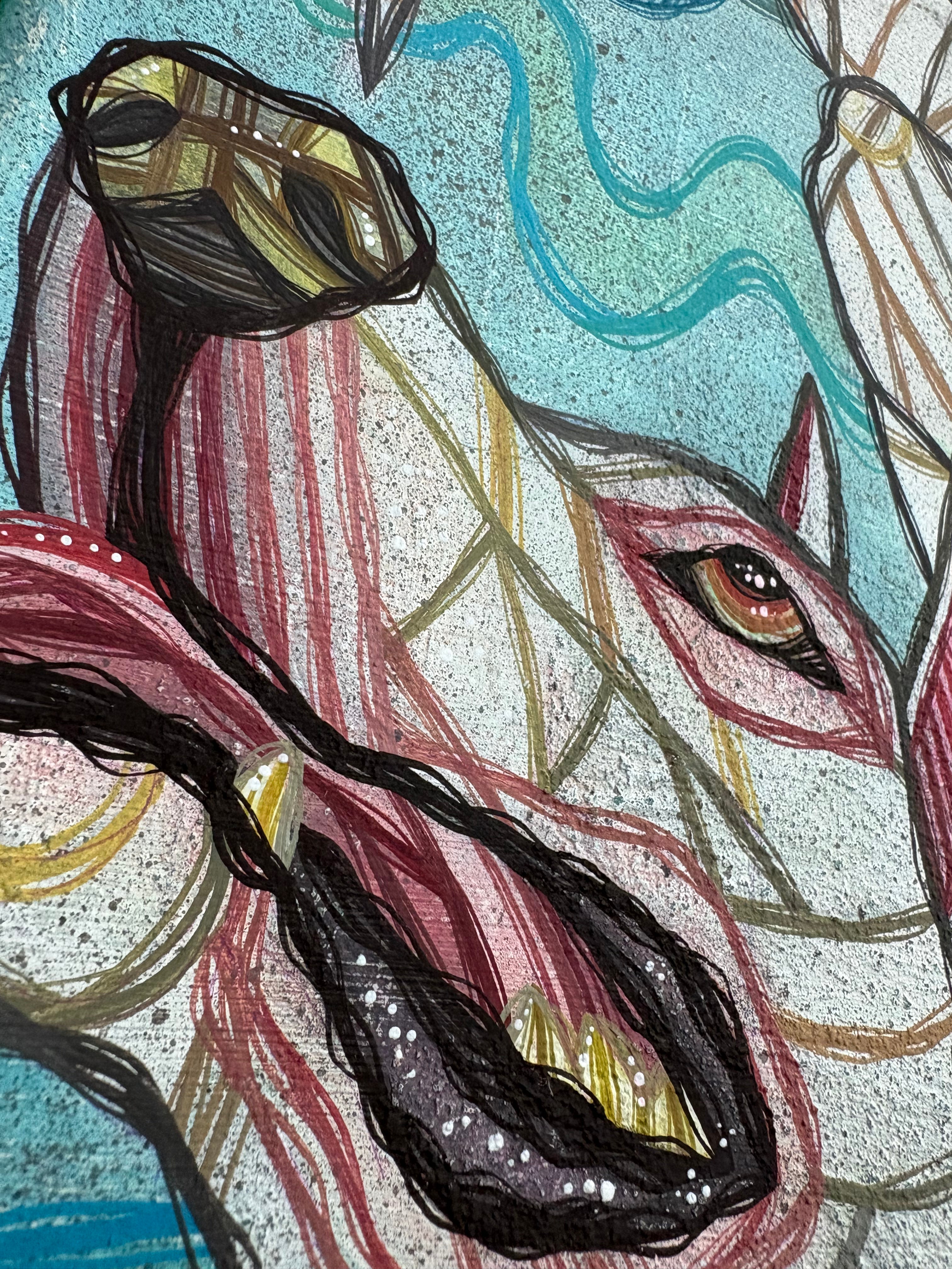 Colorful painting illustration of a dog's head with artistic brush strokes 
