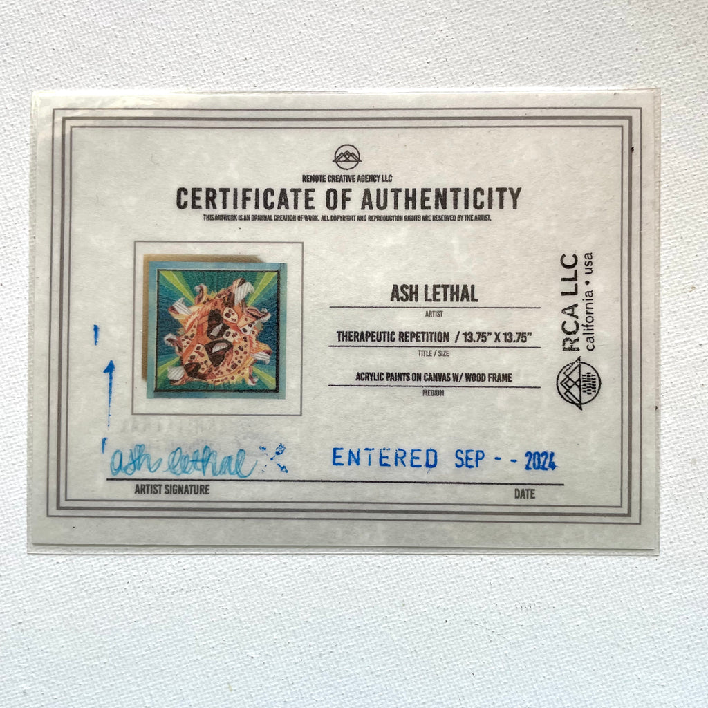 Certificate of Authenticity for an artwork by Ash Lethal on a textured gray background