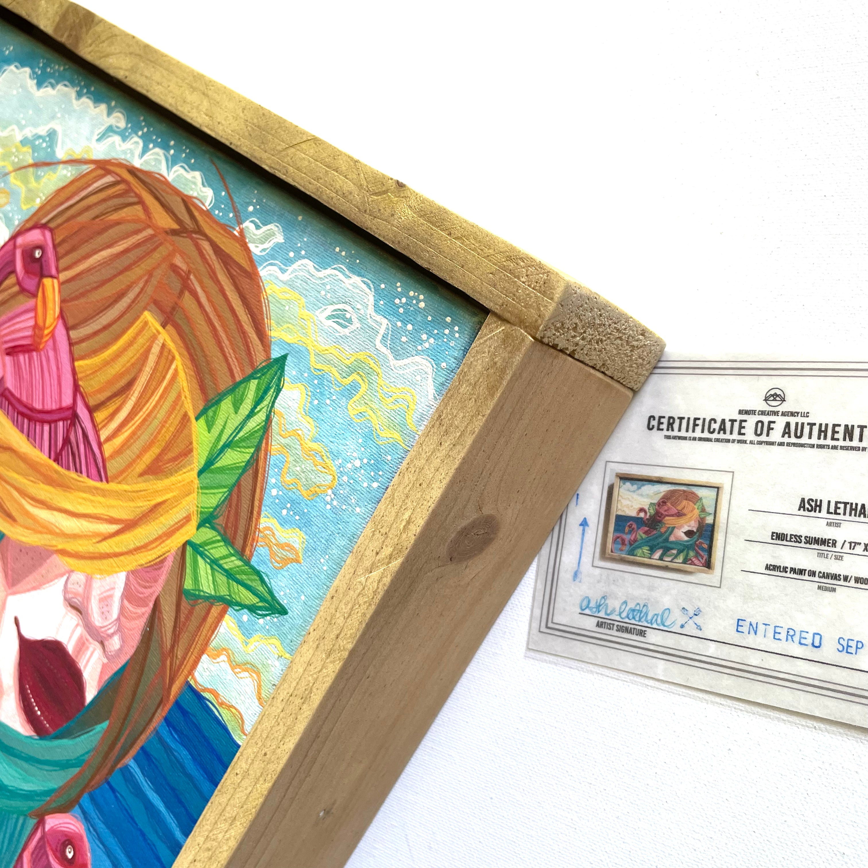 Framed artwork with a certificate of authenticity on a white background