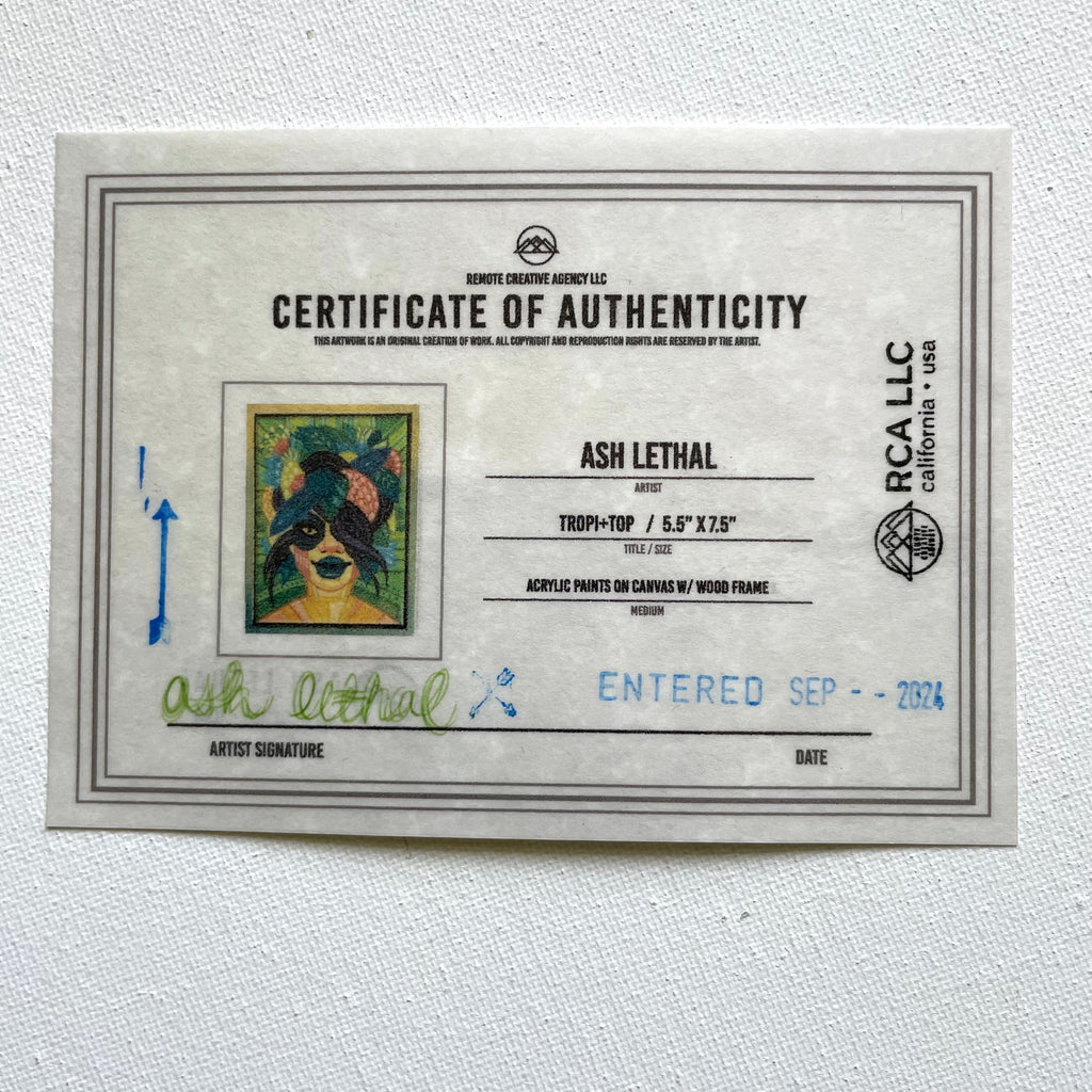 Certificate of Authenticity for an artwork by Ash Lethal on a textured gray background