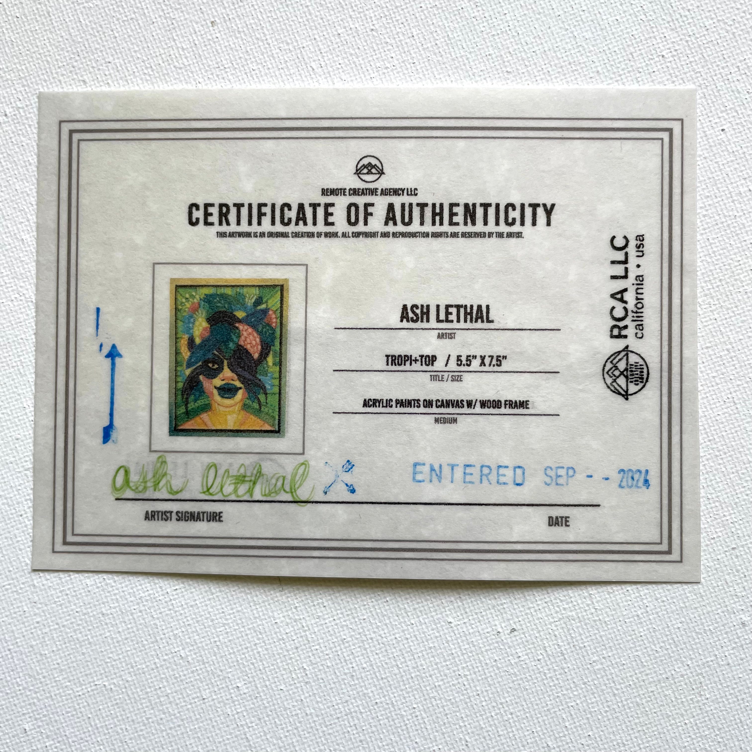 Certificate of Authenticity for an artwork by Ash Lethal on a textured gray background