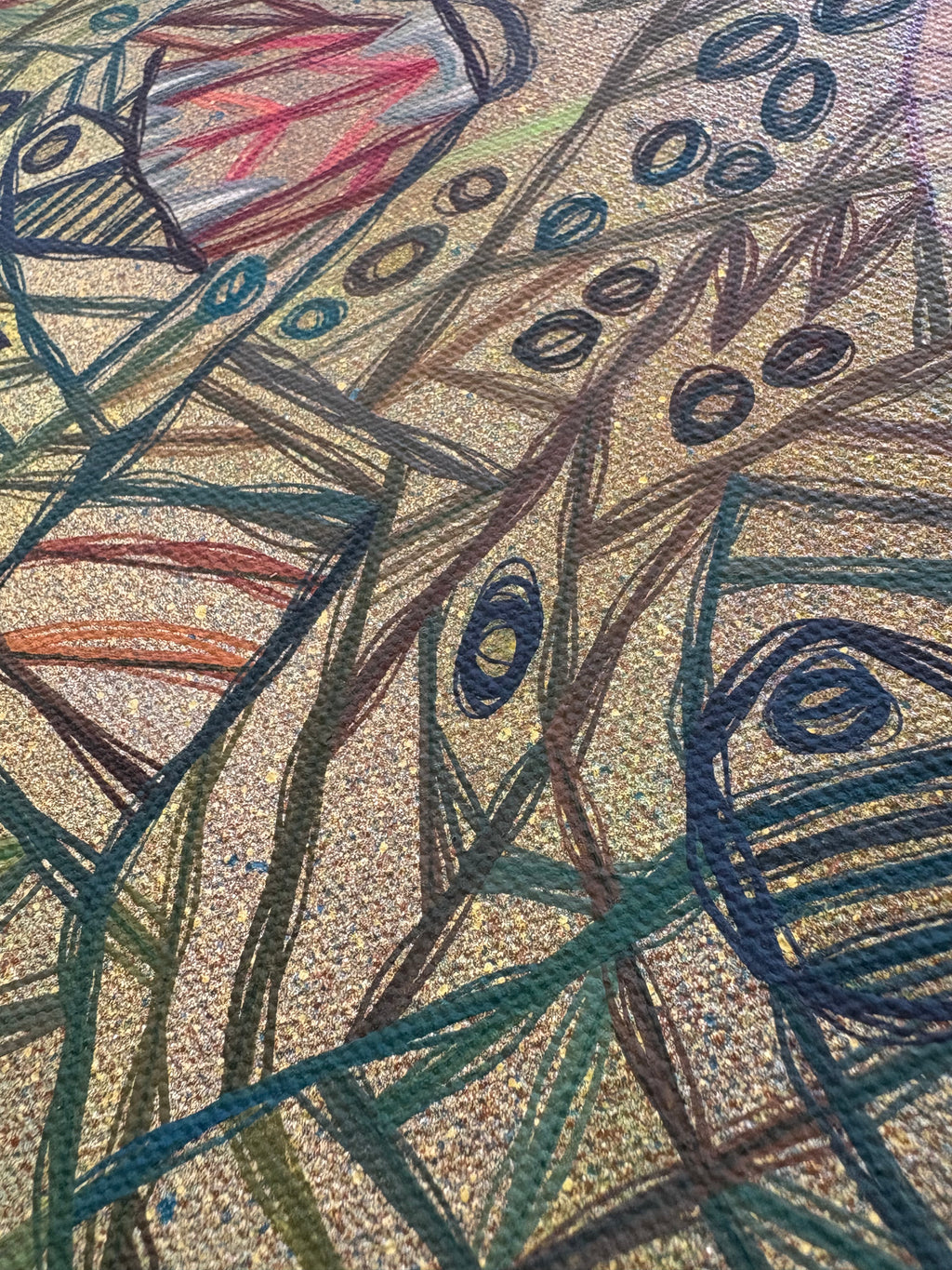 Abstract artwork with various lines and shapes on a textured surface