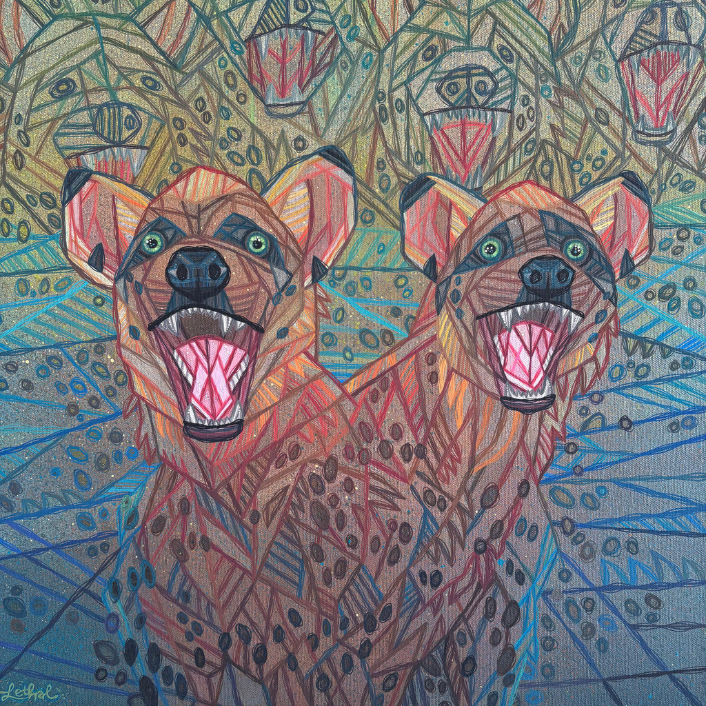 Two stylized hyenas with a colorful, abstract background