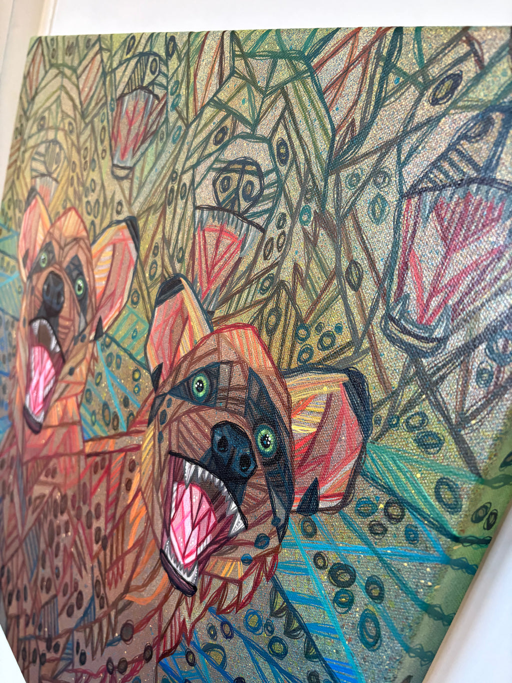 Colorful abstract painting with a stylized dog's face by ash lethal
