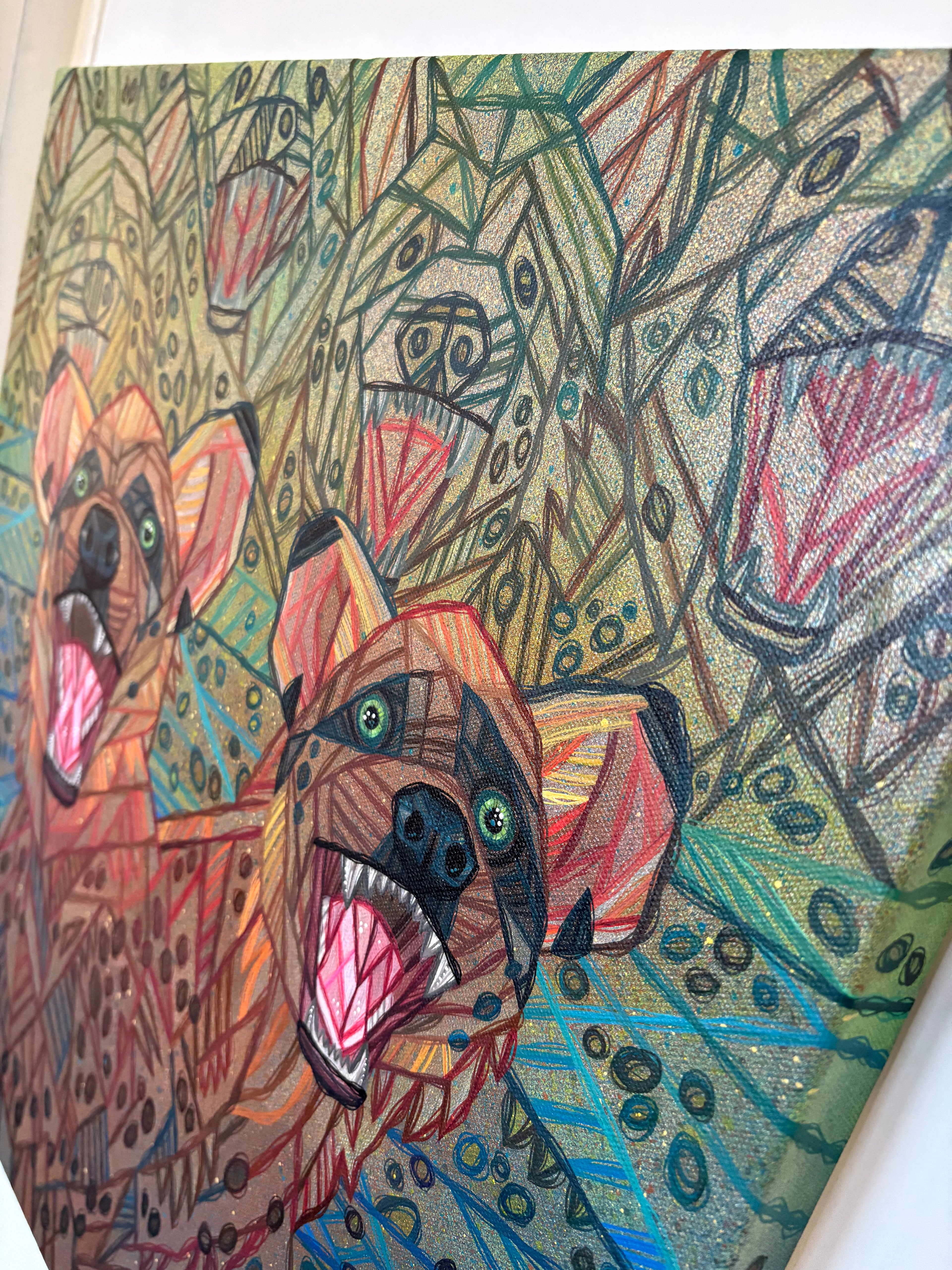 Colorful abstract painting with a stylized dog's face by ash lethal