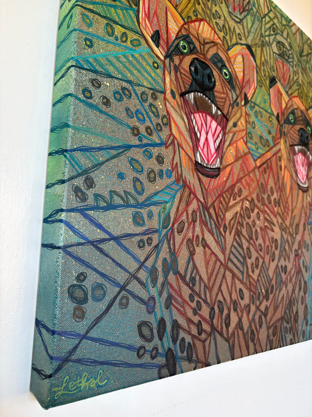 Colorful painting of two roaring hyenas on a textured canvas, amazing pop art of animals by Ash Lethal