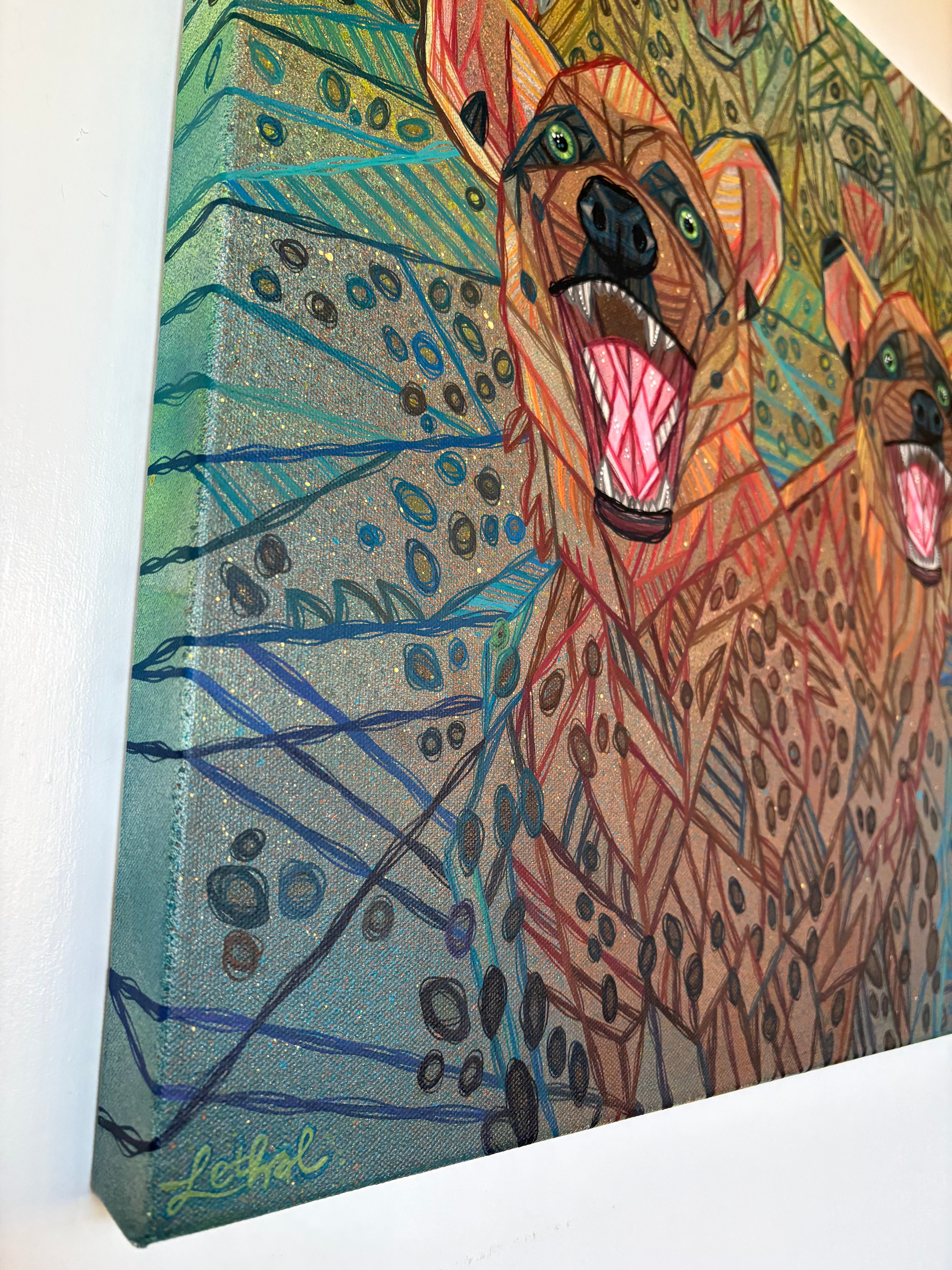 Colorful painting of two roaring hyenas on a textured canvas, amazing pop art of animals by Ash Lethal