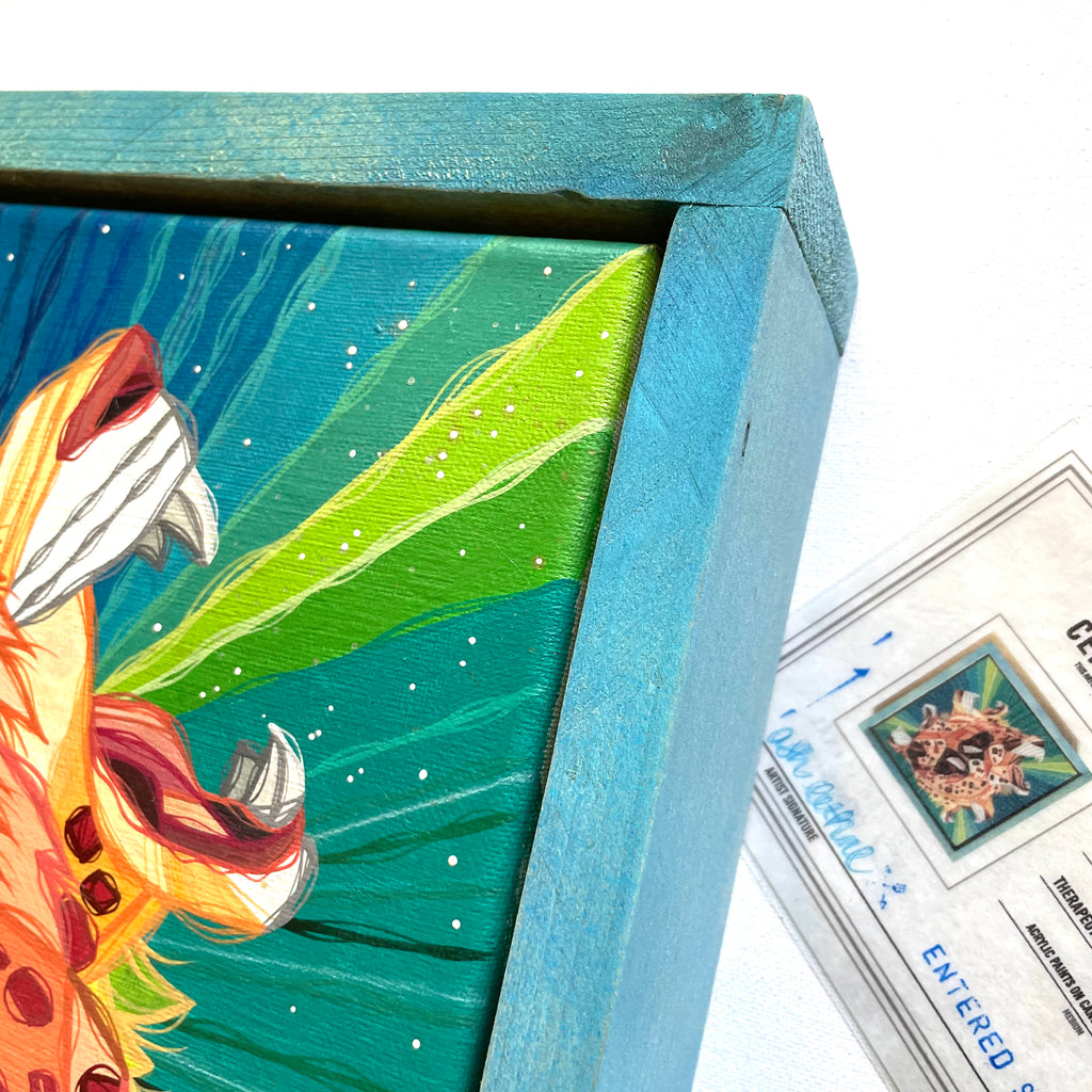 Colorful illustration of big cat leopards mouths framed with a blue wood frame