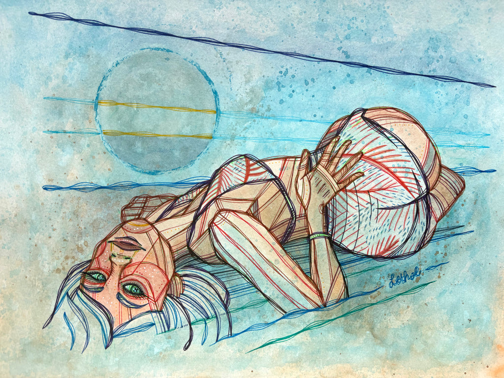 Blue Moon Beach Original Ink & Arcylic 14" x 11" Drawing by Ash Lethal Pop Art