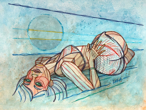 Blue Moon Beach Original Ink & Arcylic 14" x 11" Drawing by Ash Lethal Pop Art