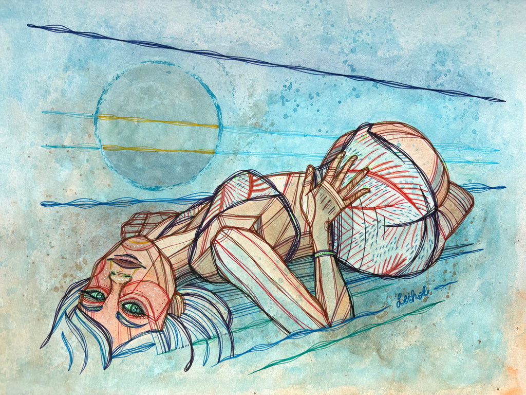 Blue Moon Beach Original Ink & Arcylic 14" x 11" Drawing by Ash Lethal Pop Art