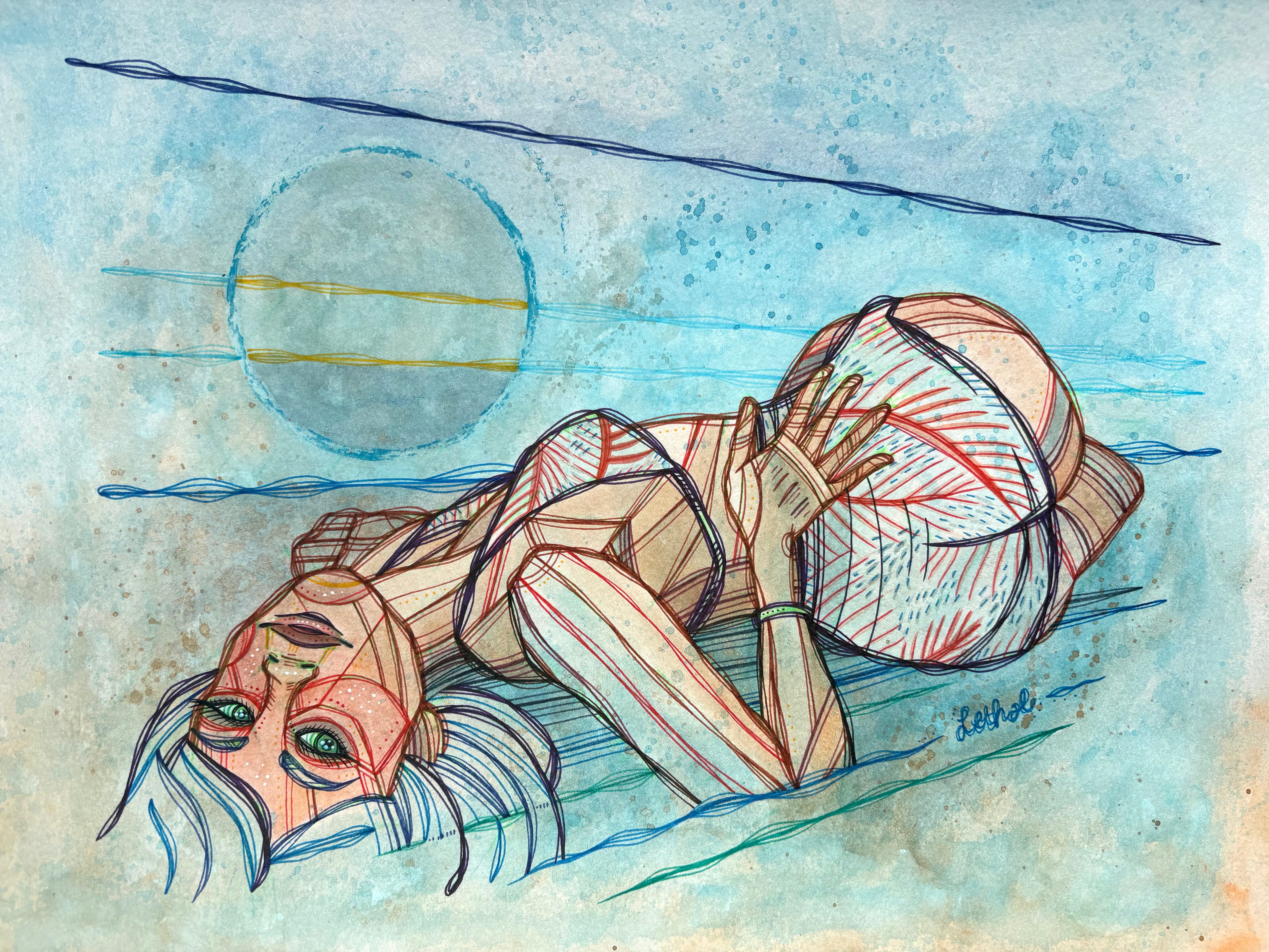 Blue Moon Beach Original Ink & Arcylic 14" x 11" Drawing by Ash Lethal Pop Art