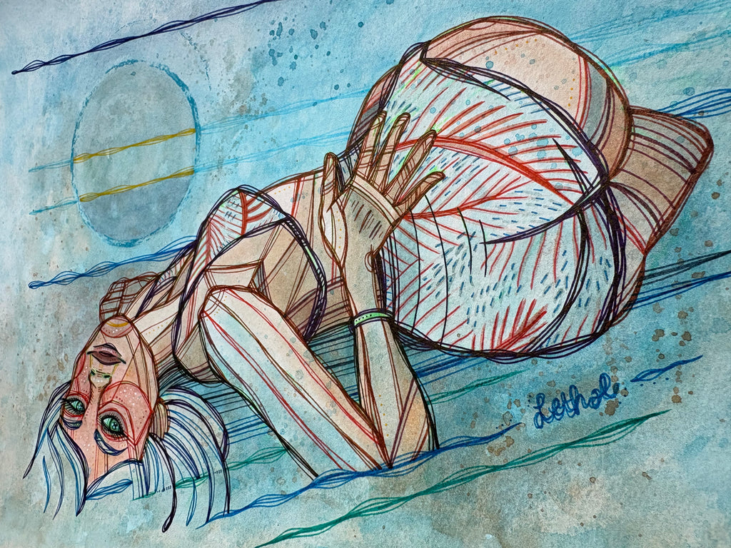 Blue Moon Beach Original Ink & Arcylic 14" x 11" Drawing by Ash Lethal Pop Art