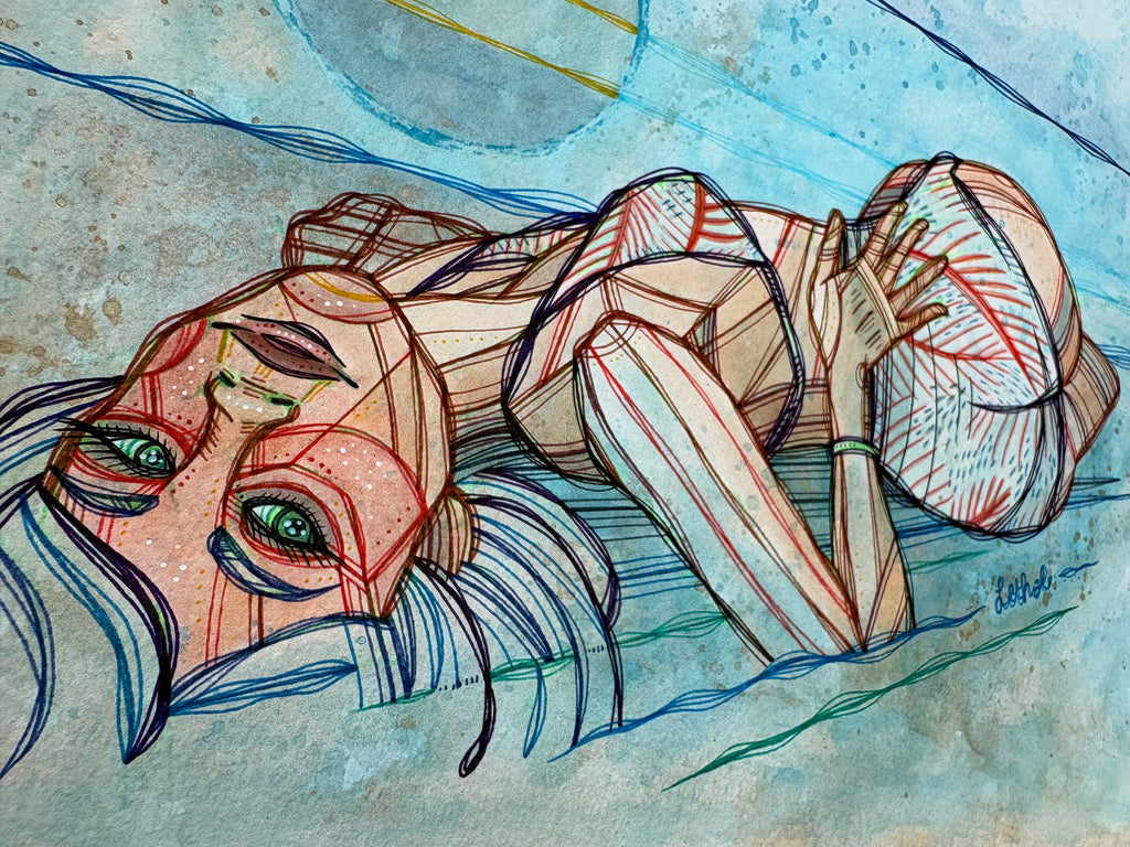Blue Moon Beach Original Ink & Arcylic 14" x 11" Drawing by Ash Lethal Pop Art