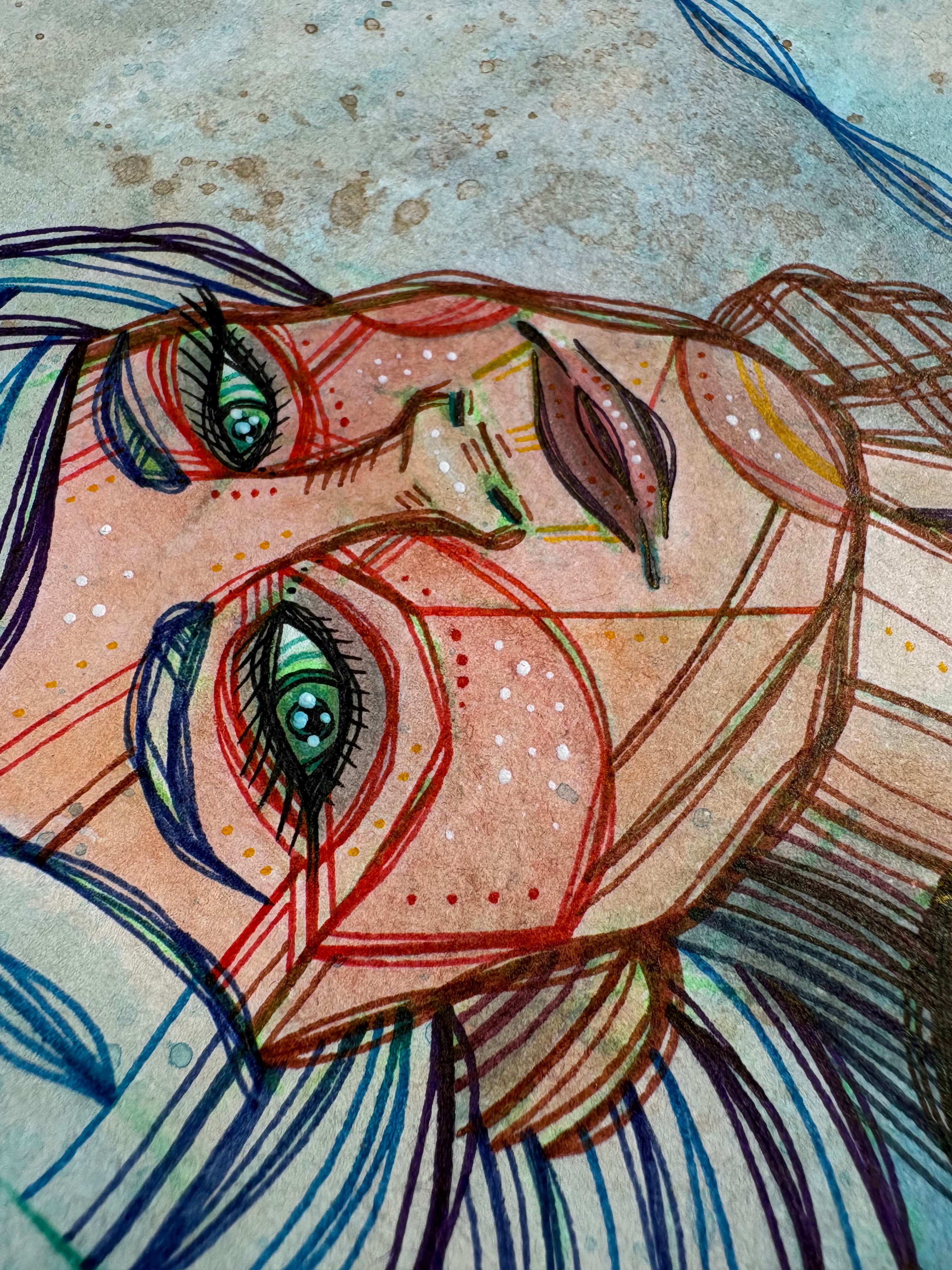 Blue Moon Beach Original Ink & Arcylic 14" x 11" Drawing by Ash Lethal Pop Art