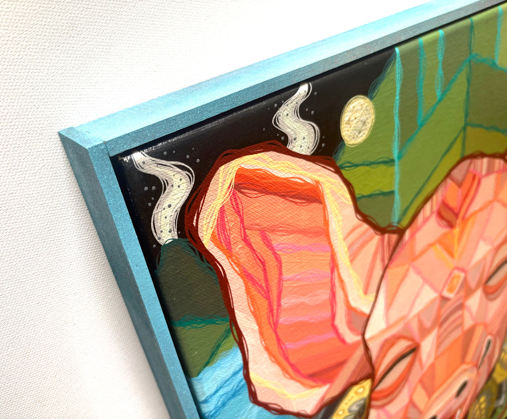 Colorful abstract painting with a blue frame on a white background