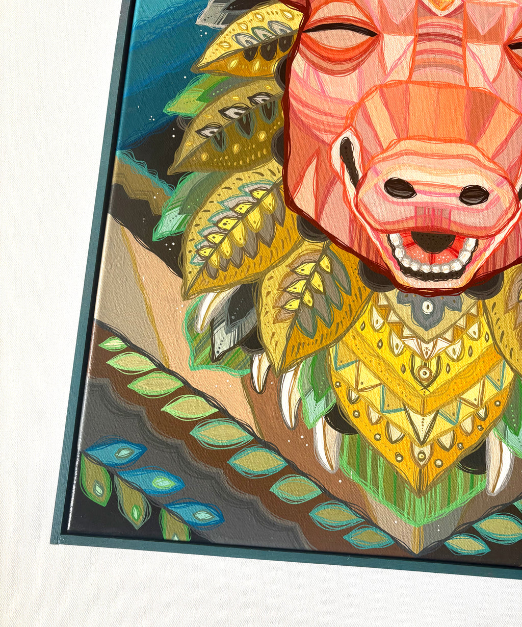 Colorful illustration of a stylized pig with geometric patterns on a white background