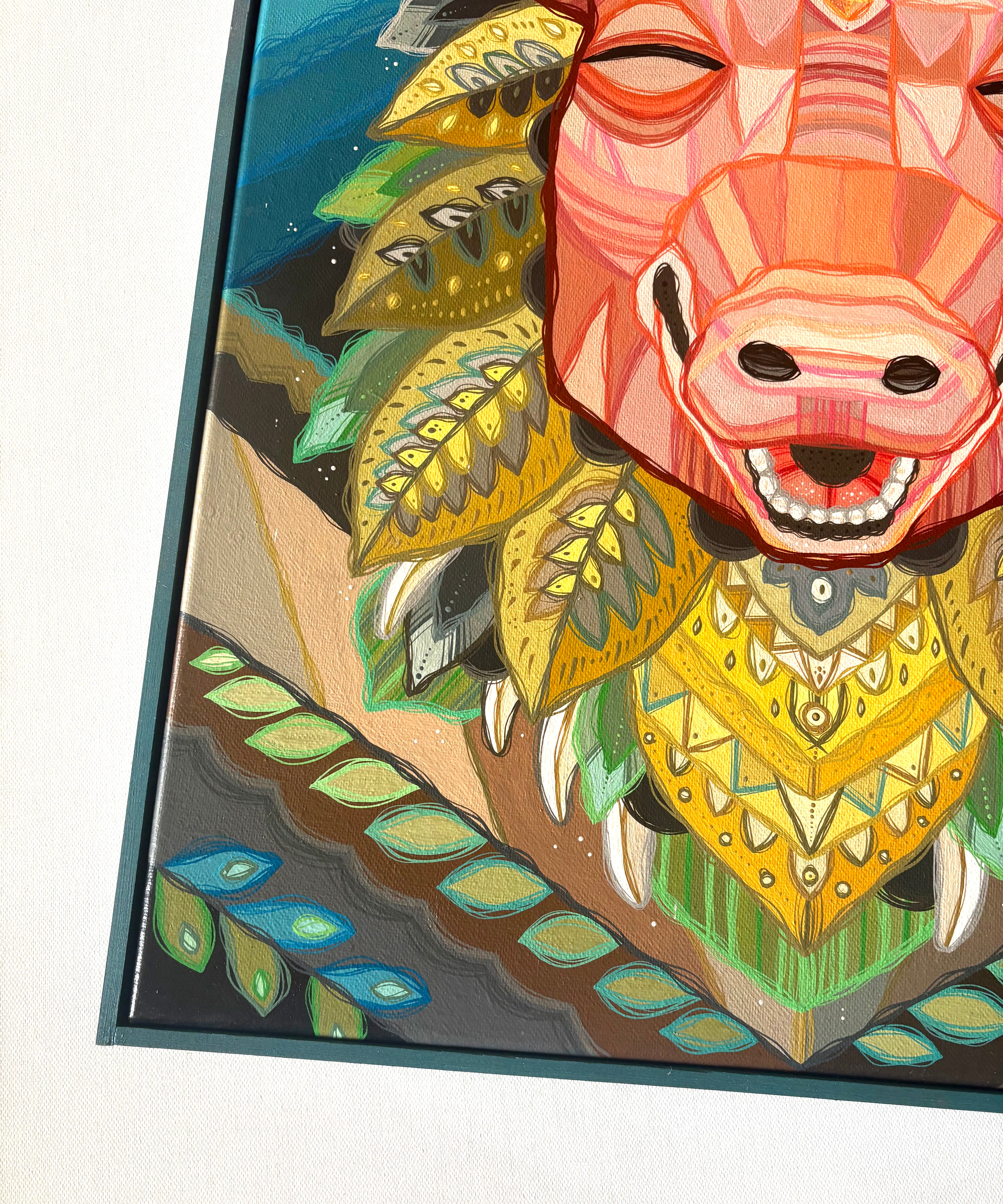 Colorful illustration of a stylized pig with geometric patterns on a white background