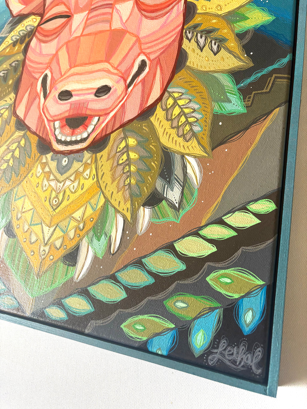Colorful abstract painting of a pig creature with intricate patterns