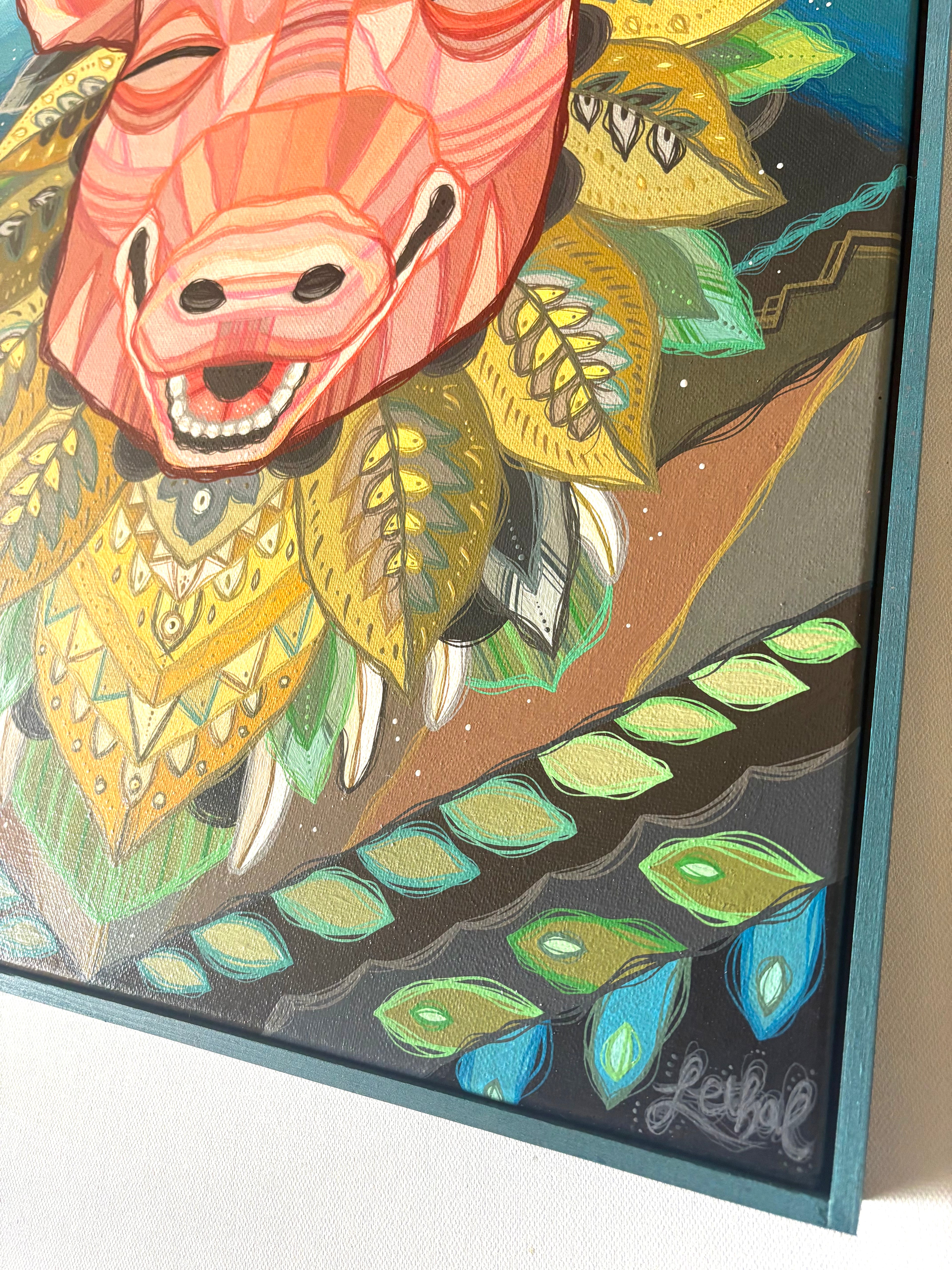 Colorful abstract painting of a pig creature with intricate patterns