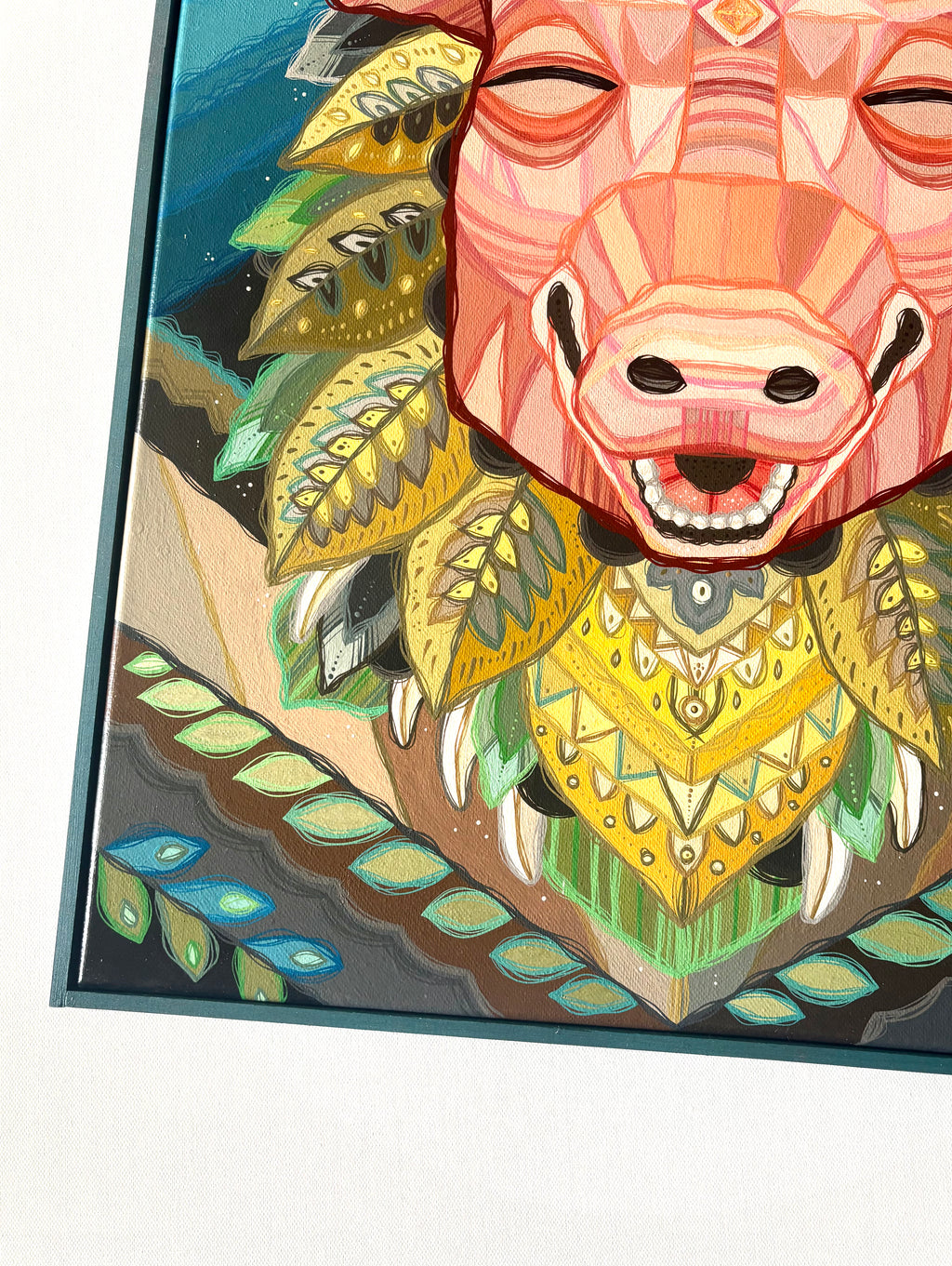 Colorful illustration of a stylized animal head with geometric patterns on a white background