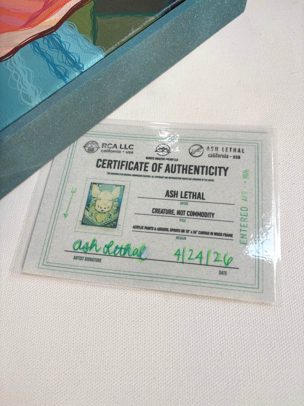 Certificate of Authenticity for Ash Lethal on a light background