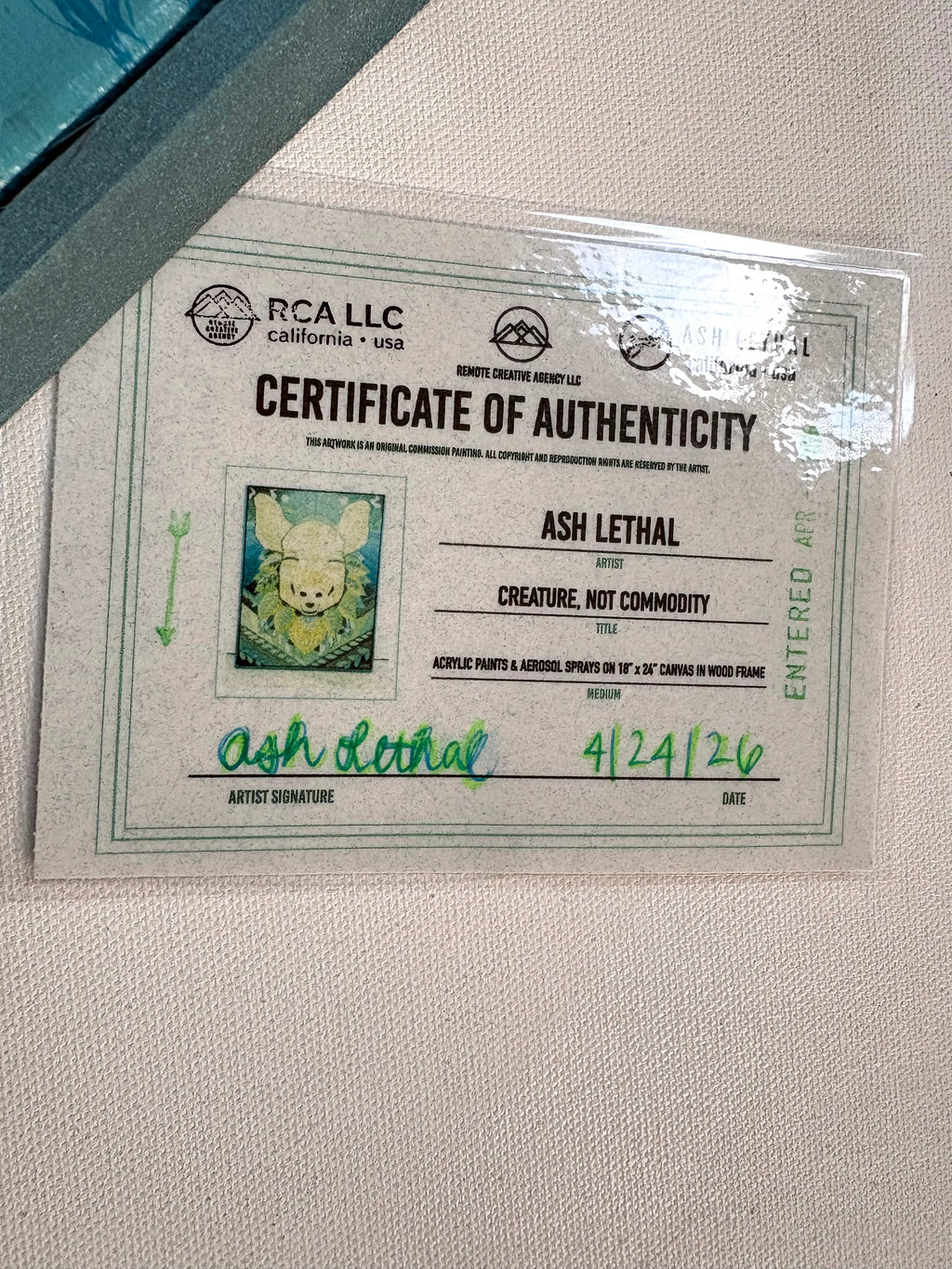 Certificate of Authenticity for a pig painting artwork by Ash Lethal