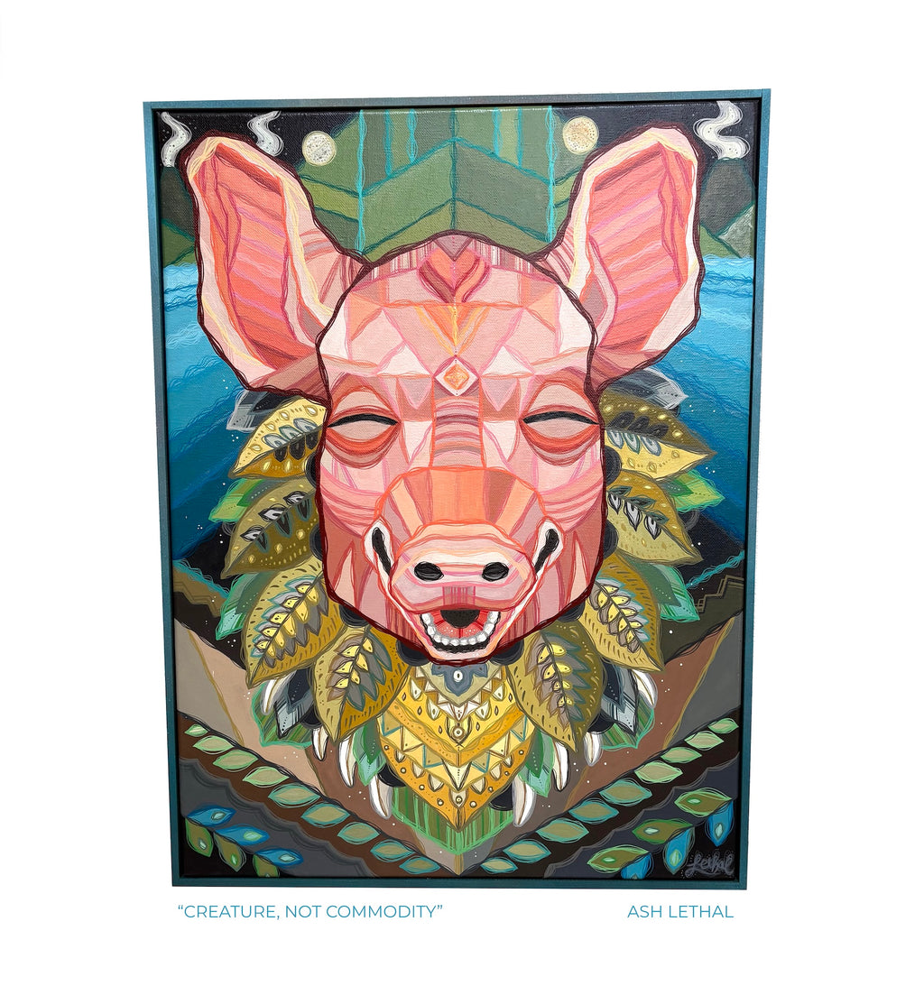 Colorful artwork of a stylized pig head with geometric patterns and leaves on a blue natural earthy background