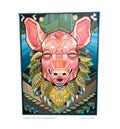 Colorful artwork of a stylized pig head with geometric patterns and leaves on a blue natural earthy background