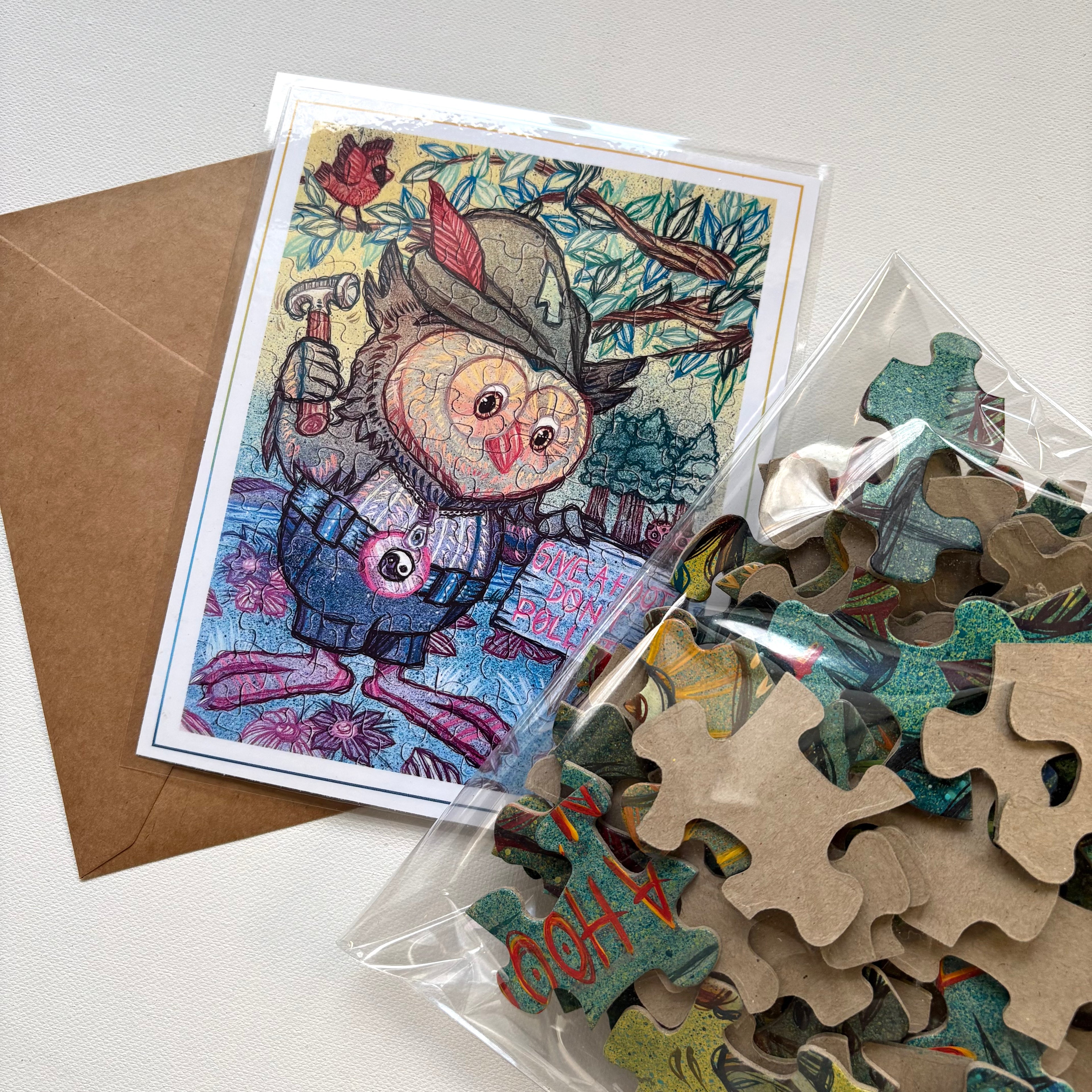 Cartoon owl card with puzzle pieces custom painted art jigsaw by ash lethal
