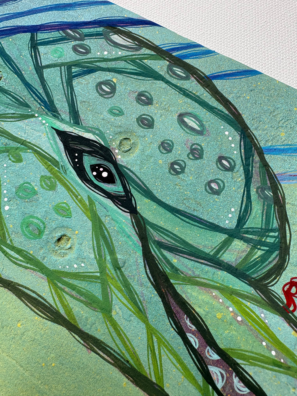 Artistic depiction of a dolphin with a textured green background