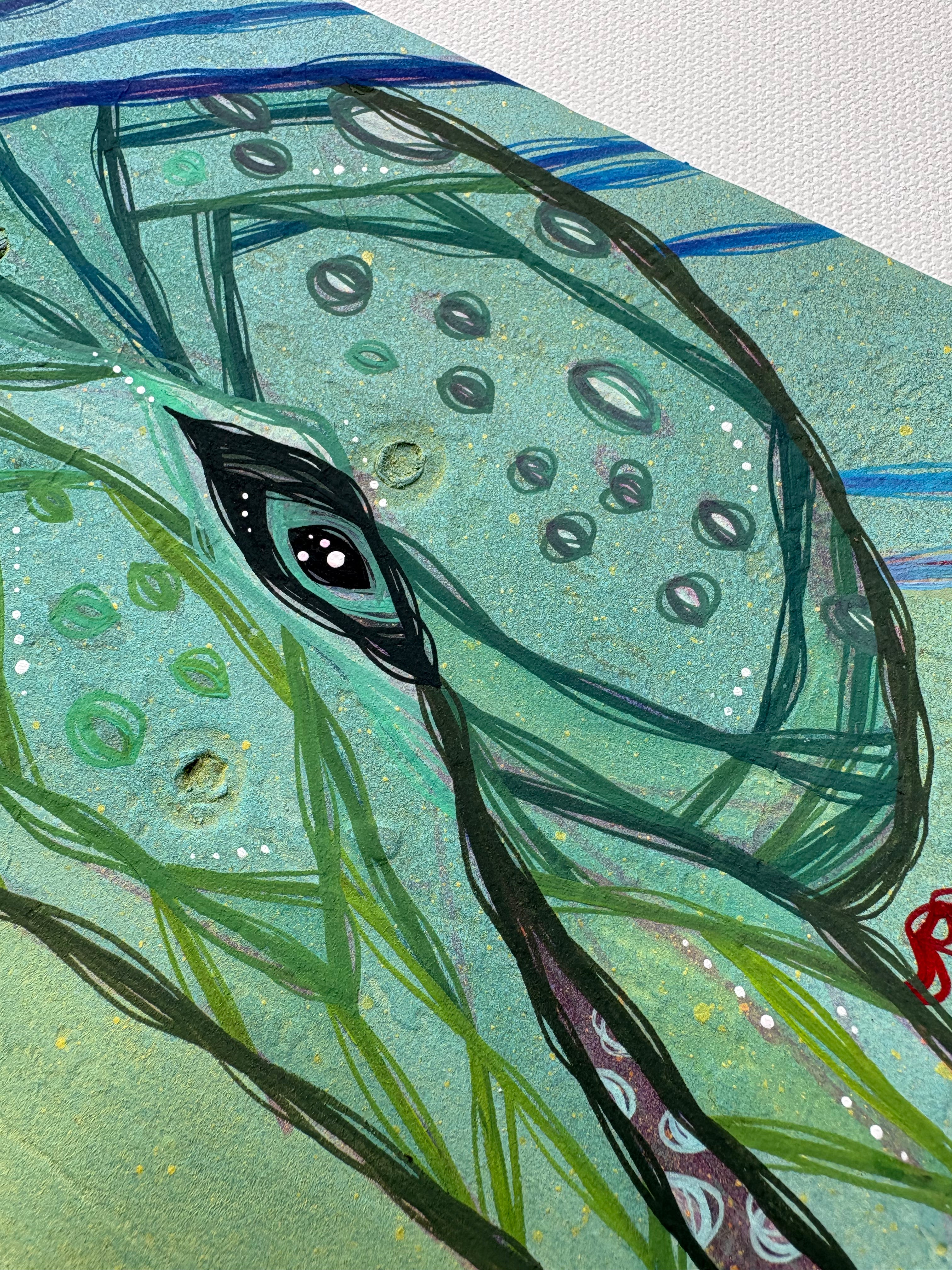 Artistic depiction of a dolphin with a textured green background