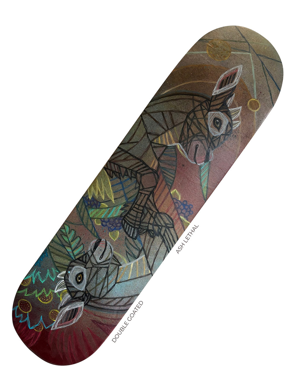 Skateboard deck with artistic goat design painted by hand by artist Ash Lethal