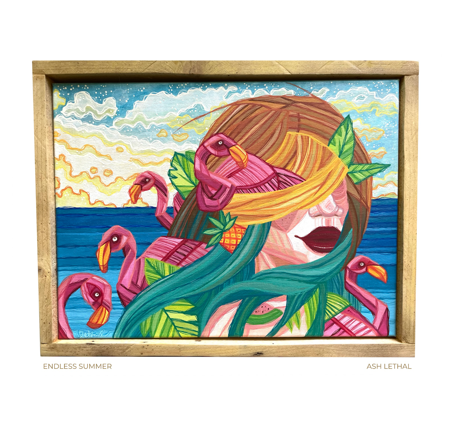 Colorful beach artwork with flamingos and a woman's face, titled 'Endless Summer' by Ash Lethal.