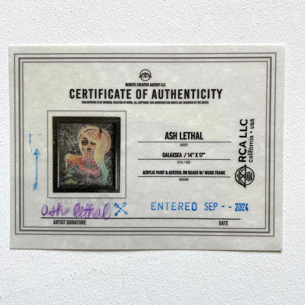 Certificate of Authenticity for an artwork by Ash Lethal with a signature and details.
