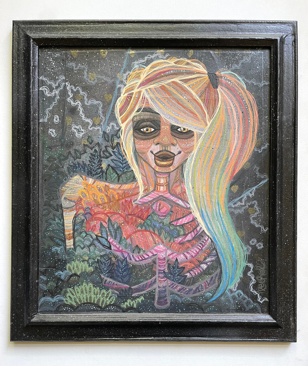 Framed artwork of a stylized figure with colorful hair and feminine energy hand Painted by artist