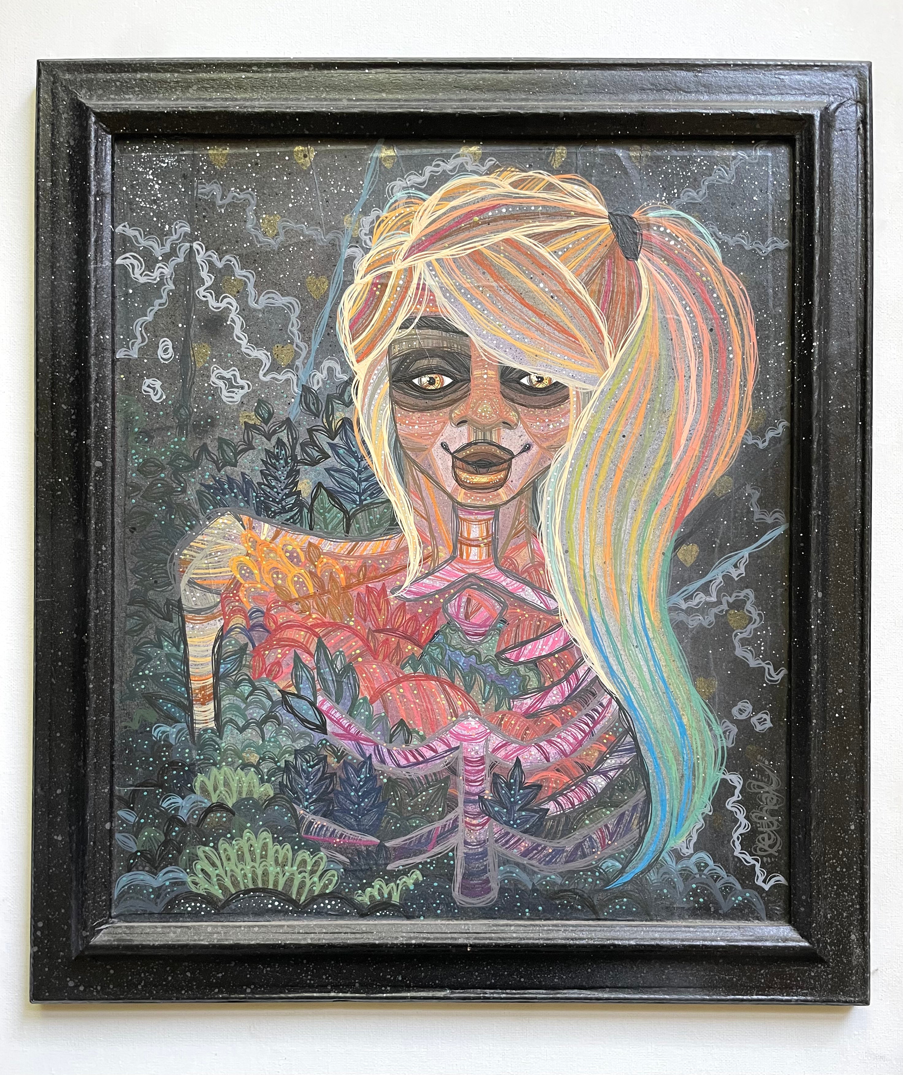 Framed artwork of a stylized figure with colorful hair and feminine energy hand Painted by artist