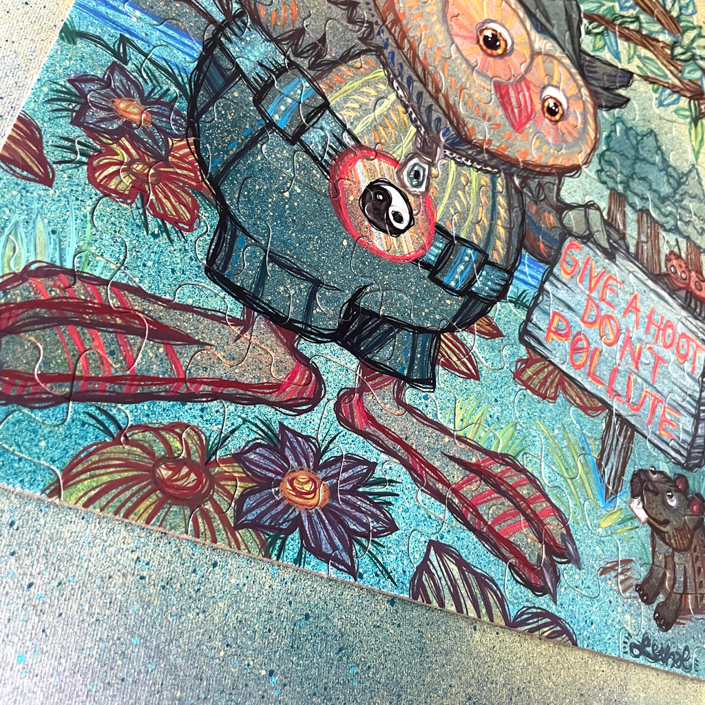 Colorful mosaic artwork with birds and environmental message Woodsy Owl Don't Pollute