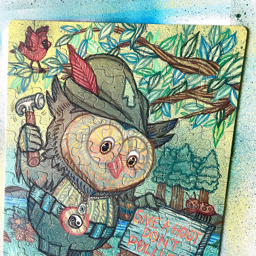 Illustration of an owl in a national parks uniform with a sign 'Give a Hoot, Don't Roll It' in a forest setting by Ash Lethal