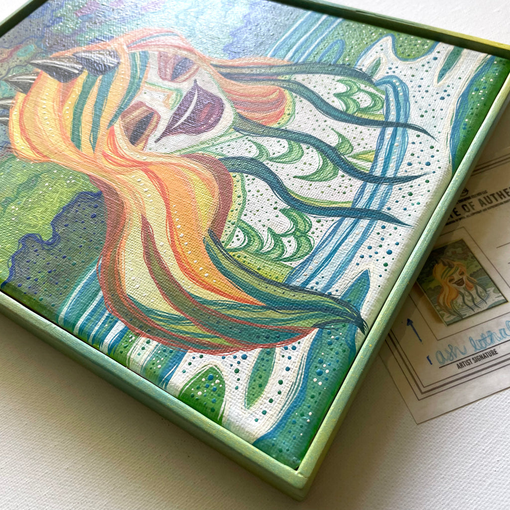 Colorful abstract painting on a textured surface with a green border Swamp Siren by Ash Lethal