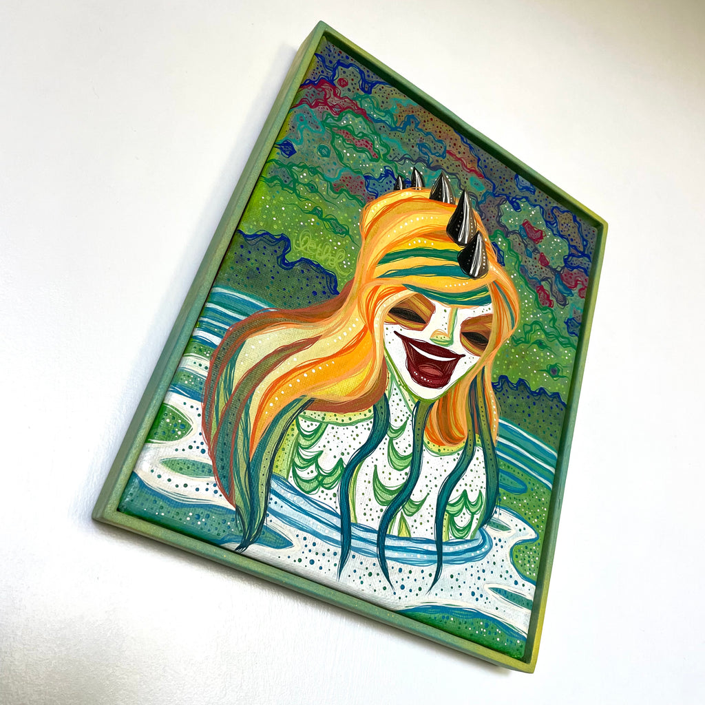 Colorful artwork of a stylized creature with long hair on a white background